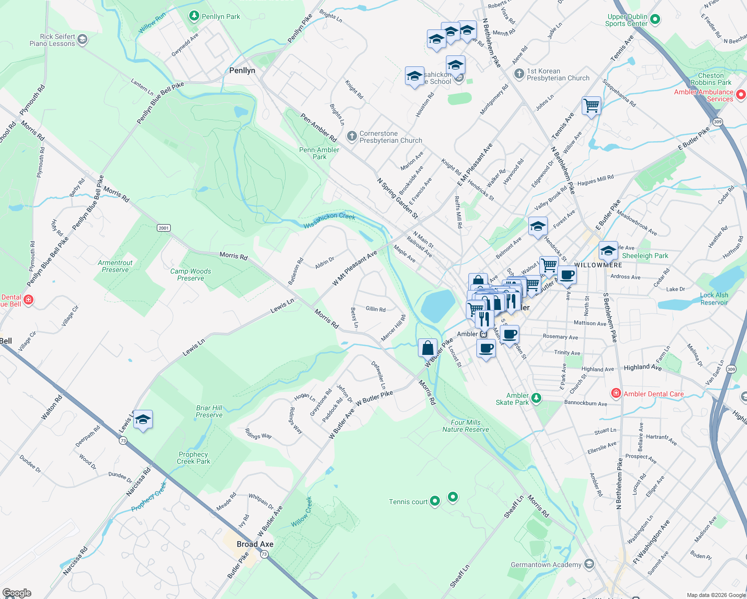 map of restaurants, bars, coffee shops, grocery stores, and more near 43 Mercer Hill Rd in Ambler