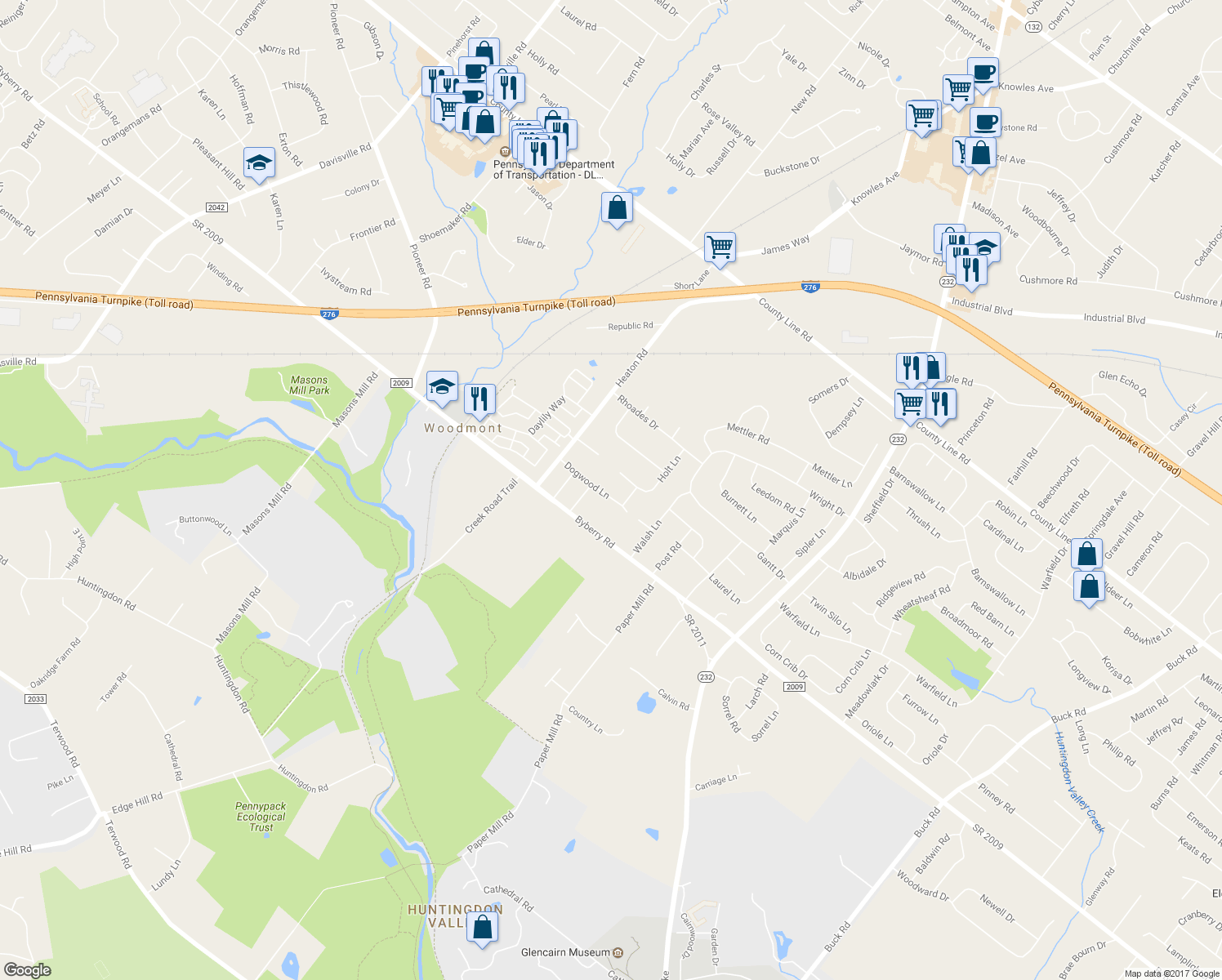 map of restaurants, bars, coffee shops, grocery stores, and more near 1413 Dogwood Lane in Montgomery County