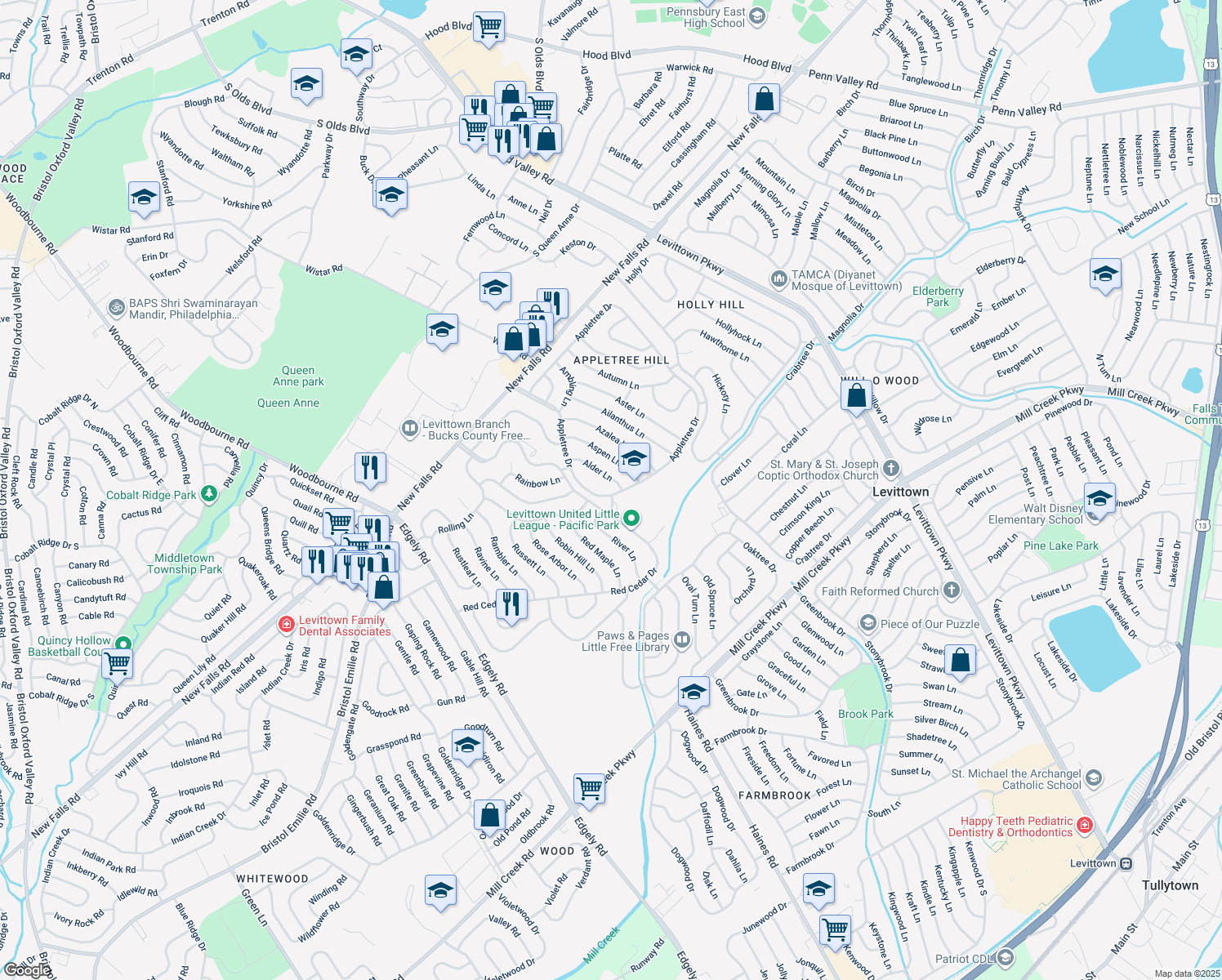 map of restaurants, bars, coffee shops, grocery stores, and more near 109 Appletree Drive in Levittown