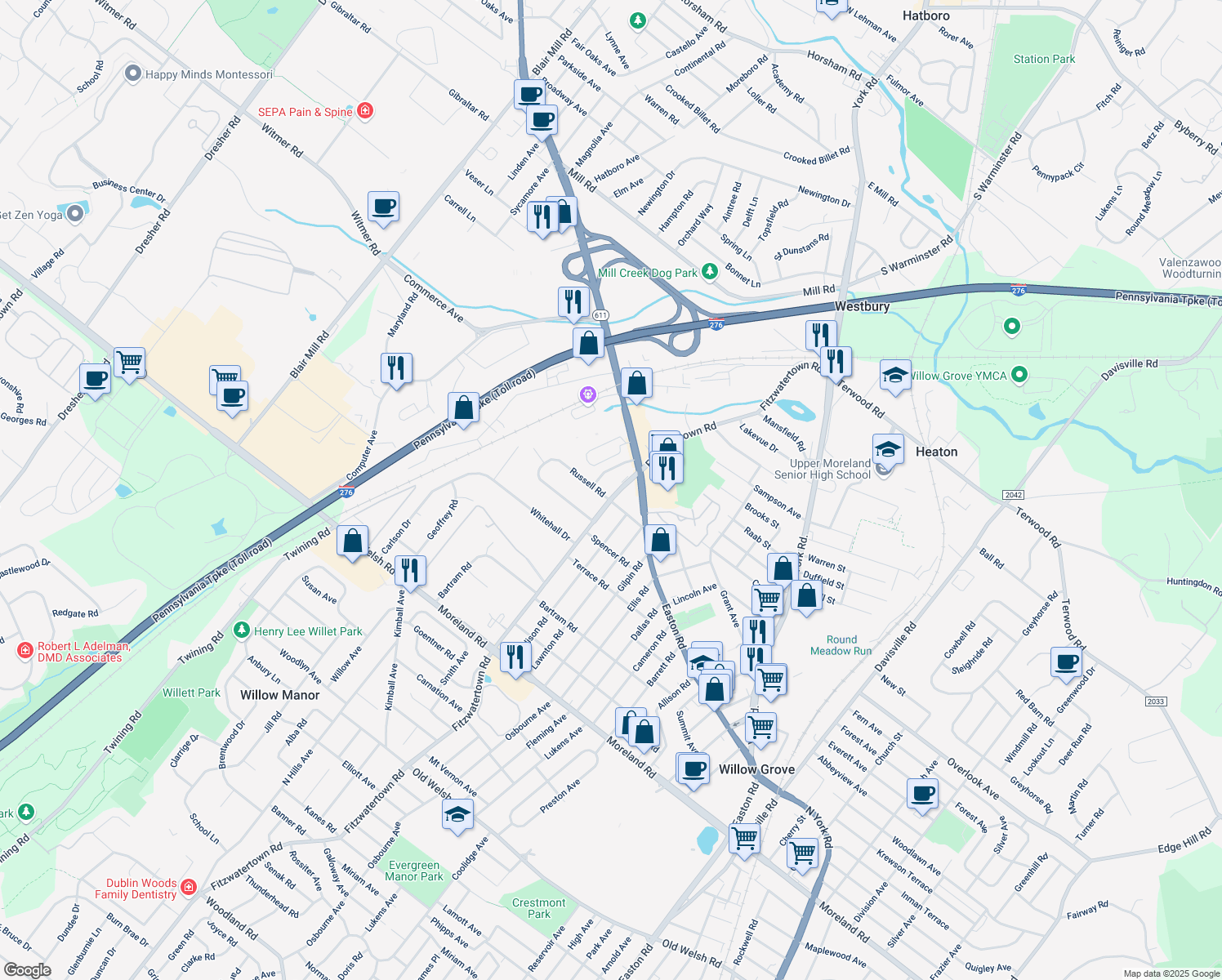 map of restaurants, bars, coffee shops, grocery stores, and more near 510 Fitzwatertown Road in Willow Grove