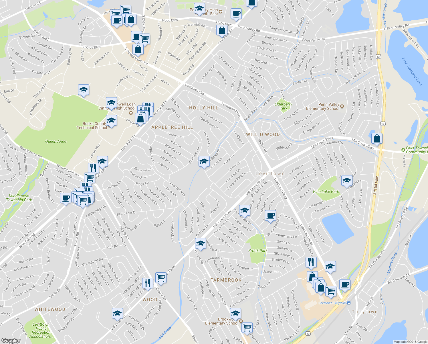 map of restaurants, bars, coffee shops, grocery stores, and more near 17 Coral Lane in Levittown