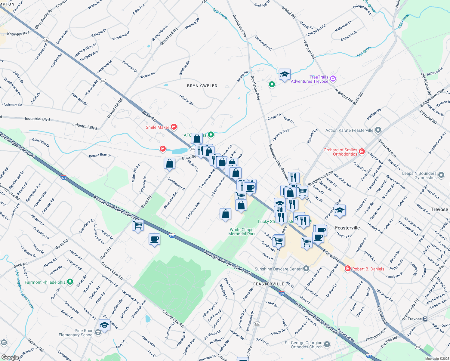 map of restaurants, bars, coffee shops, grocery stores, and more near 10 South Eastview Avenue in Feasterville-Trevose