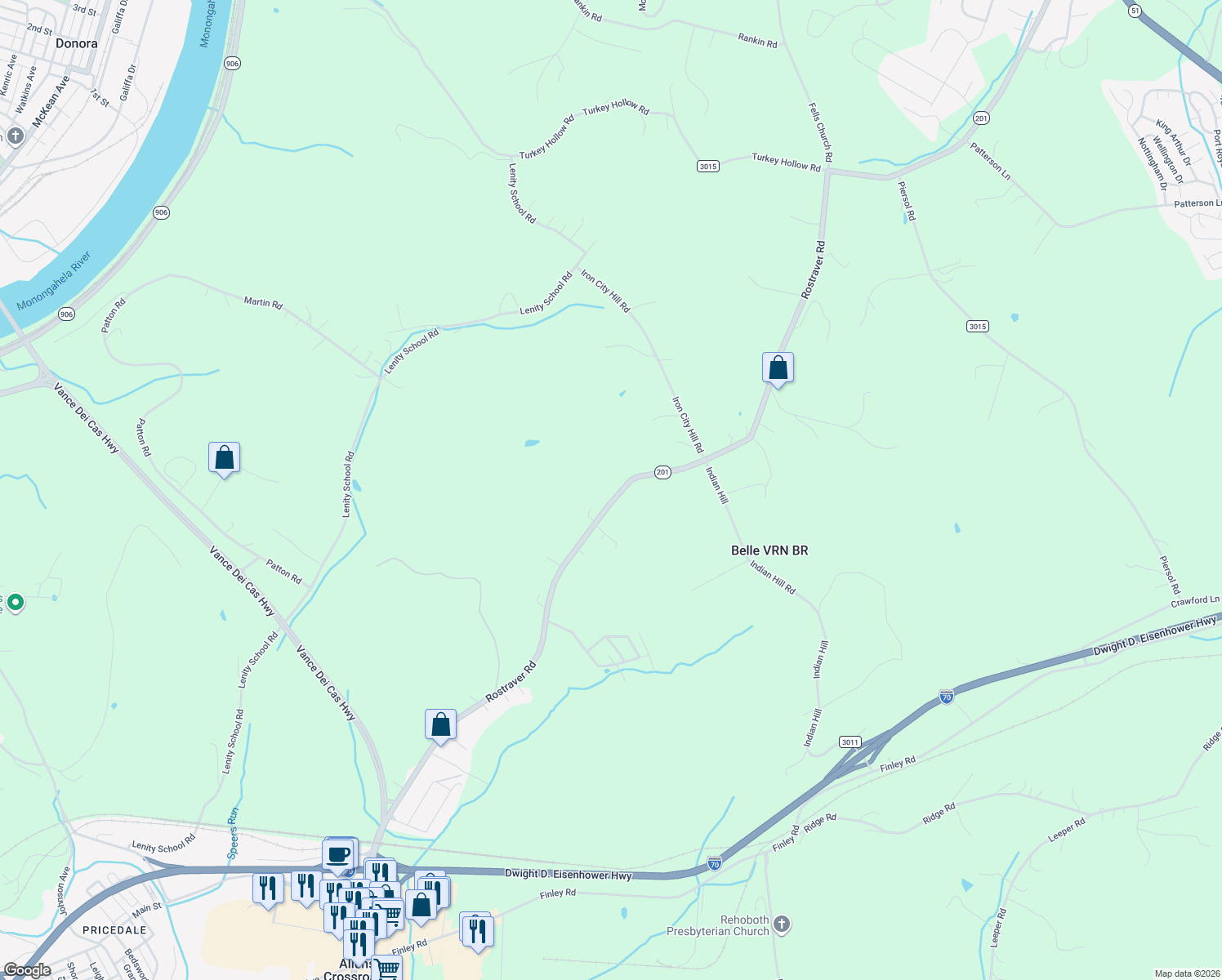 map of restaurants, bars, coffee shops, grocery stores, and more near 1239 Rostraver Road in Belle Vernon