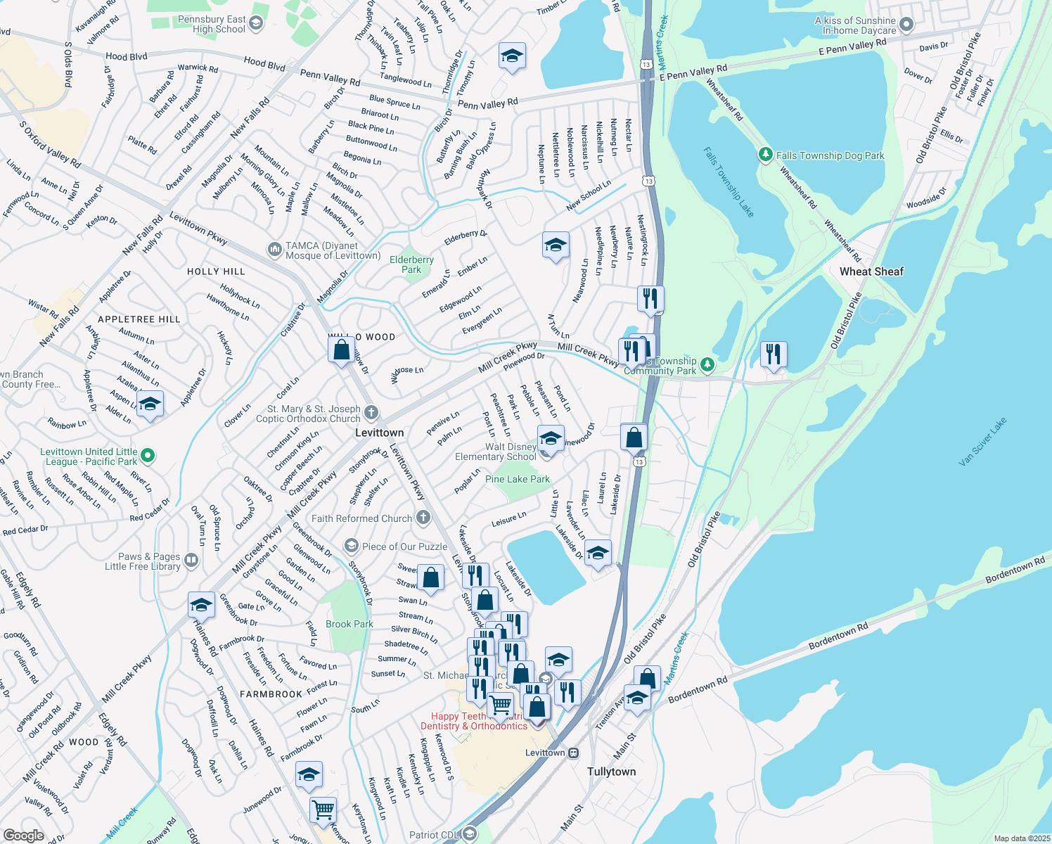 map of restaurants, bars, coffee shops, grocery stores, and more near 14 Park Lane in Levittown
