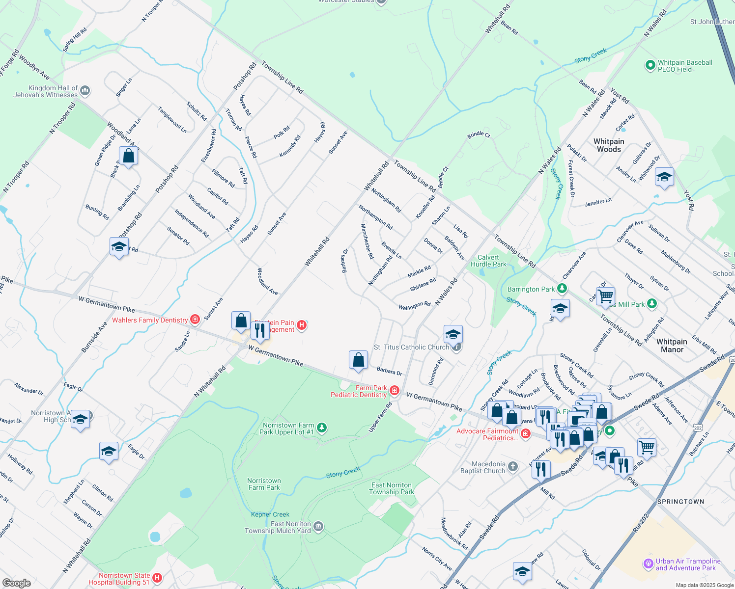 map of restaurants, bars, coffee shops, grocery stores, and more near 3002 Nottingham Road in Eagleville