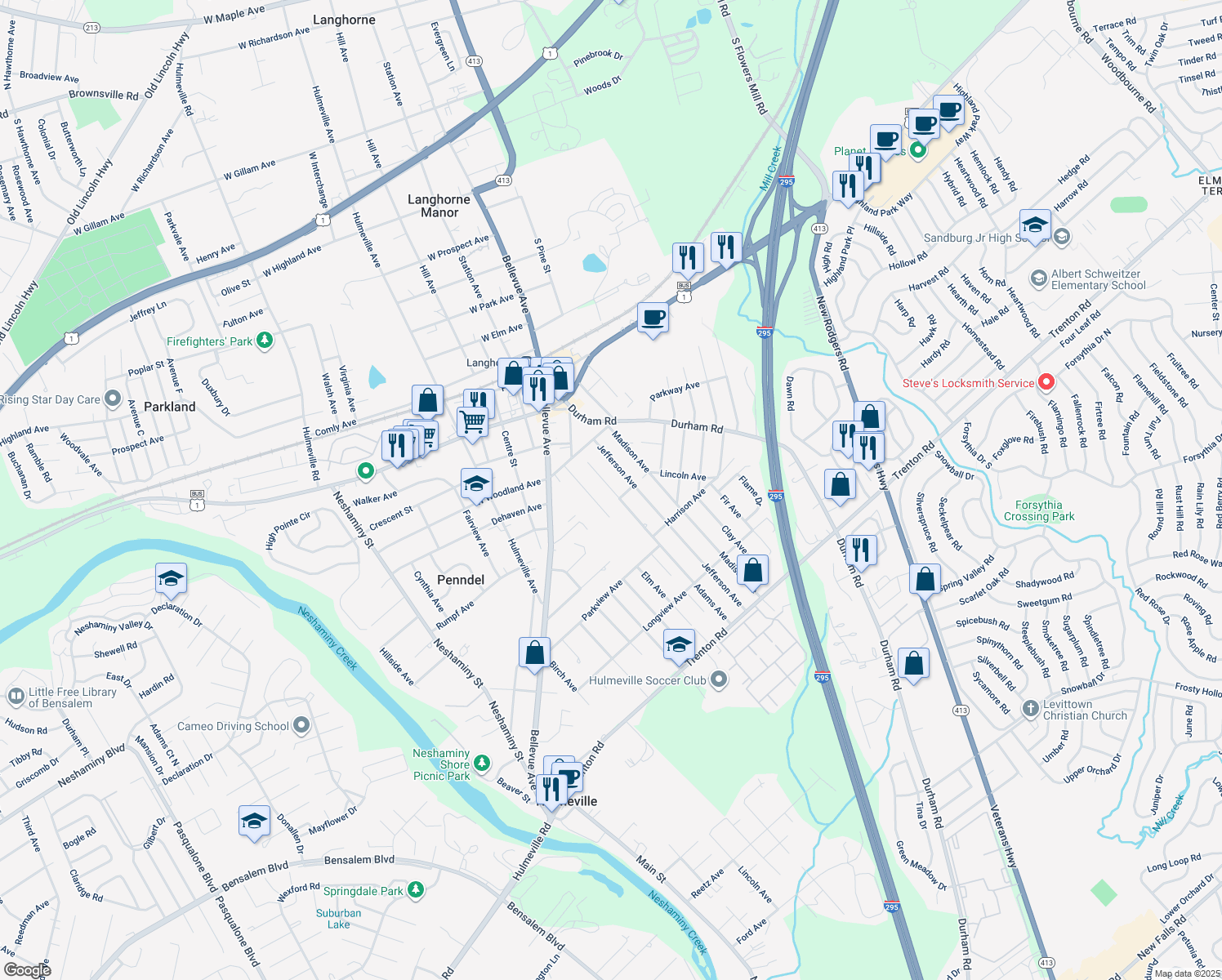 map of restaurants, bars, coffee shops, grocery stores, and more near 456 Adams Avenue in Langhorne
