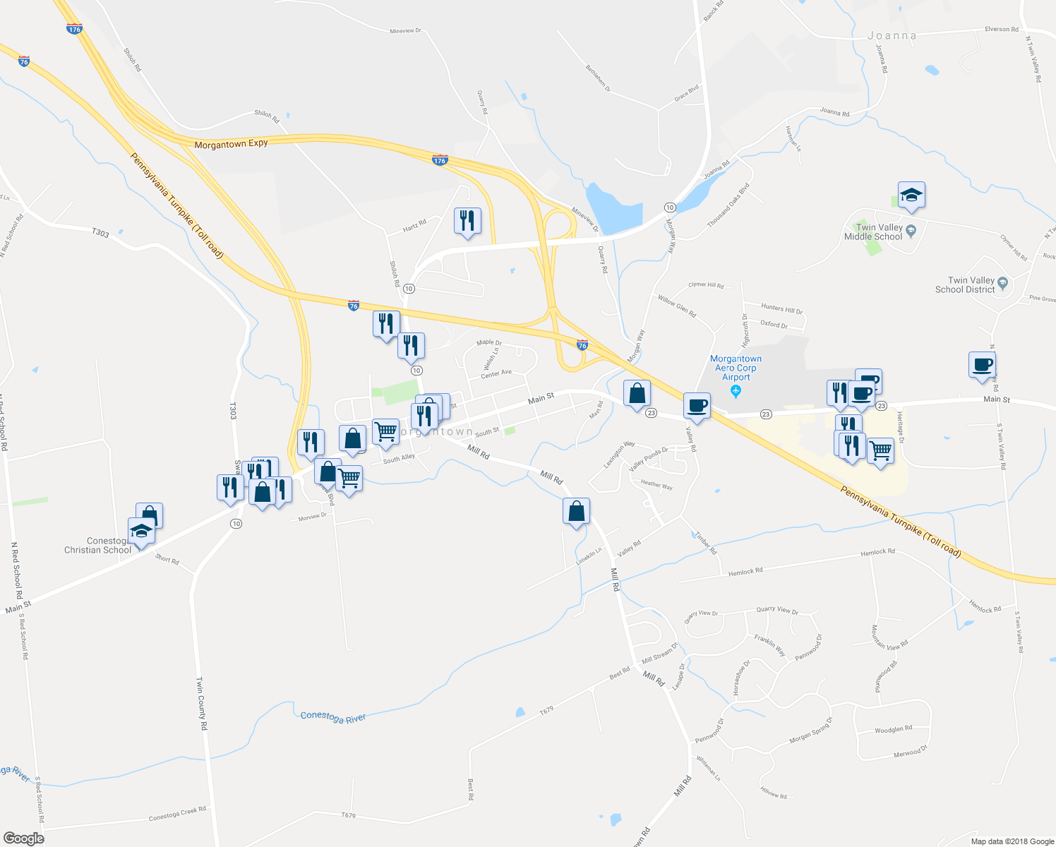map of restaurants, bars, coffee shops, grocery stores, and more near 3410 South Street in Morgantown