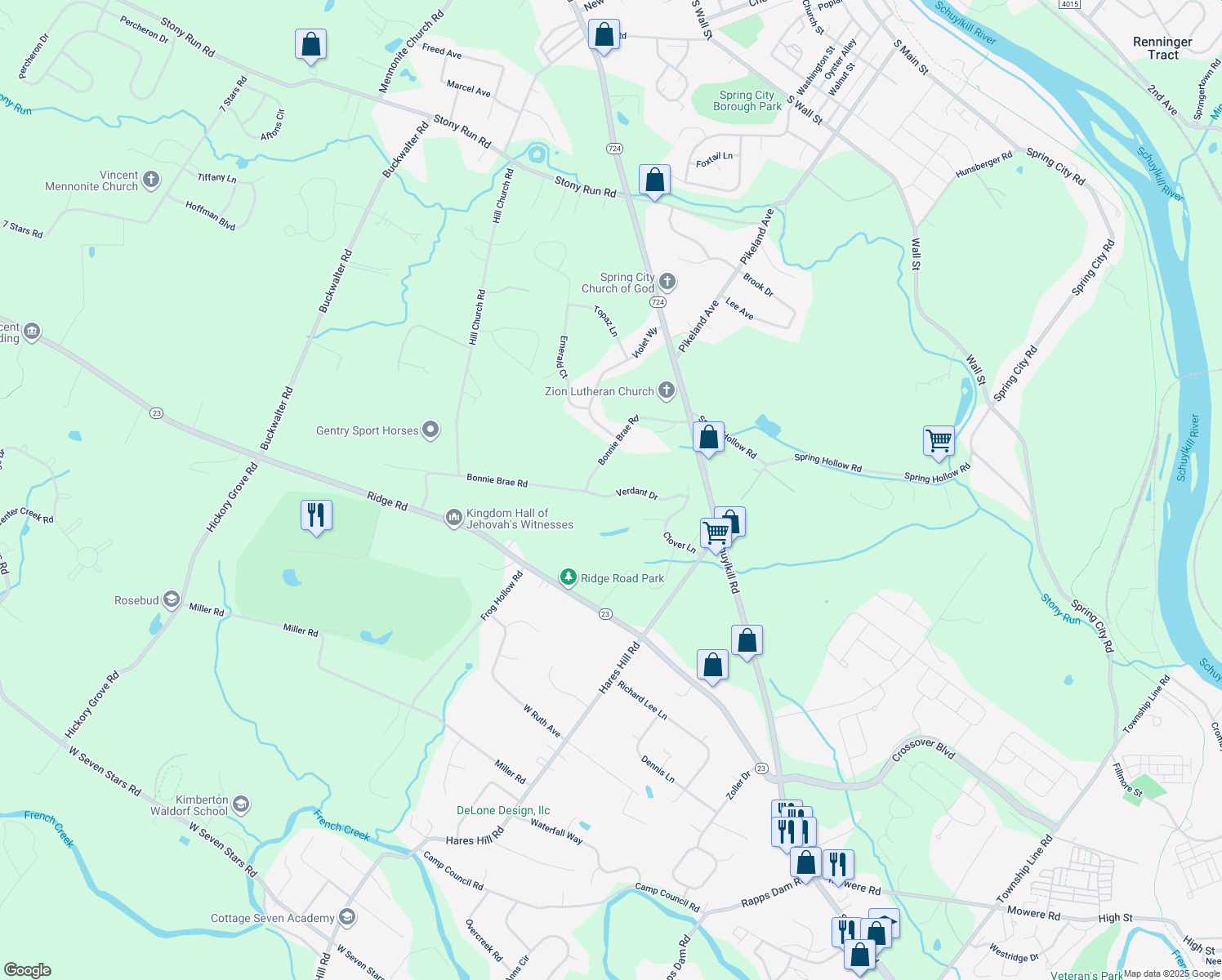 map of restaurants, bars, coffee shops, grocery stores, and more near 125 Verdant Drive in Phoenixville