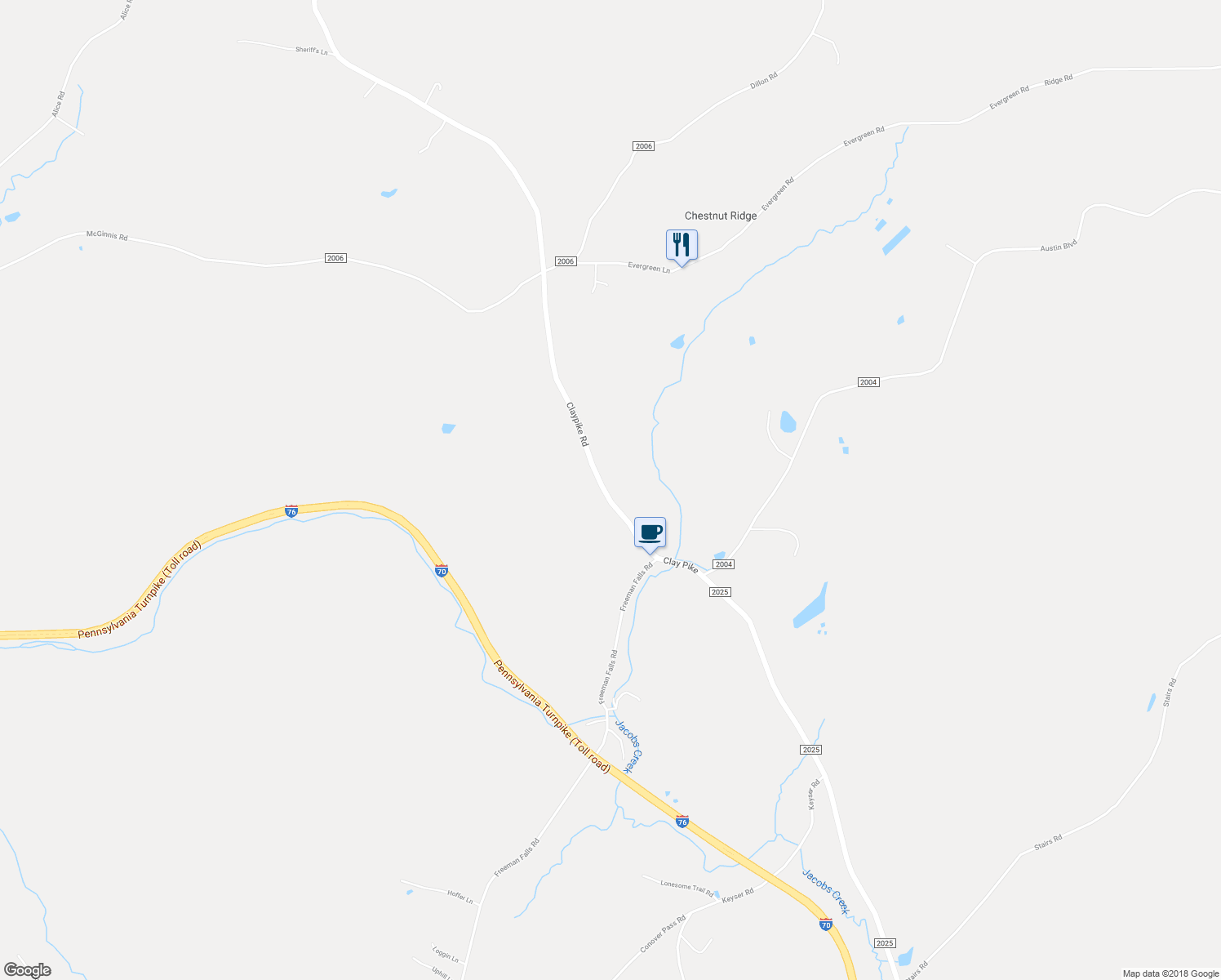 map of restaurants, bars, coffee shops, grocery stores, and more near 638 Claypike Road in Acme