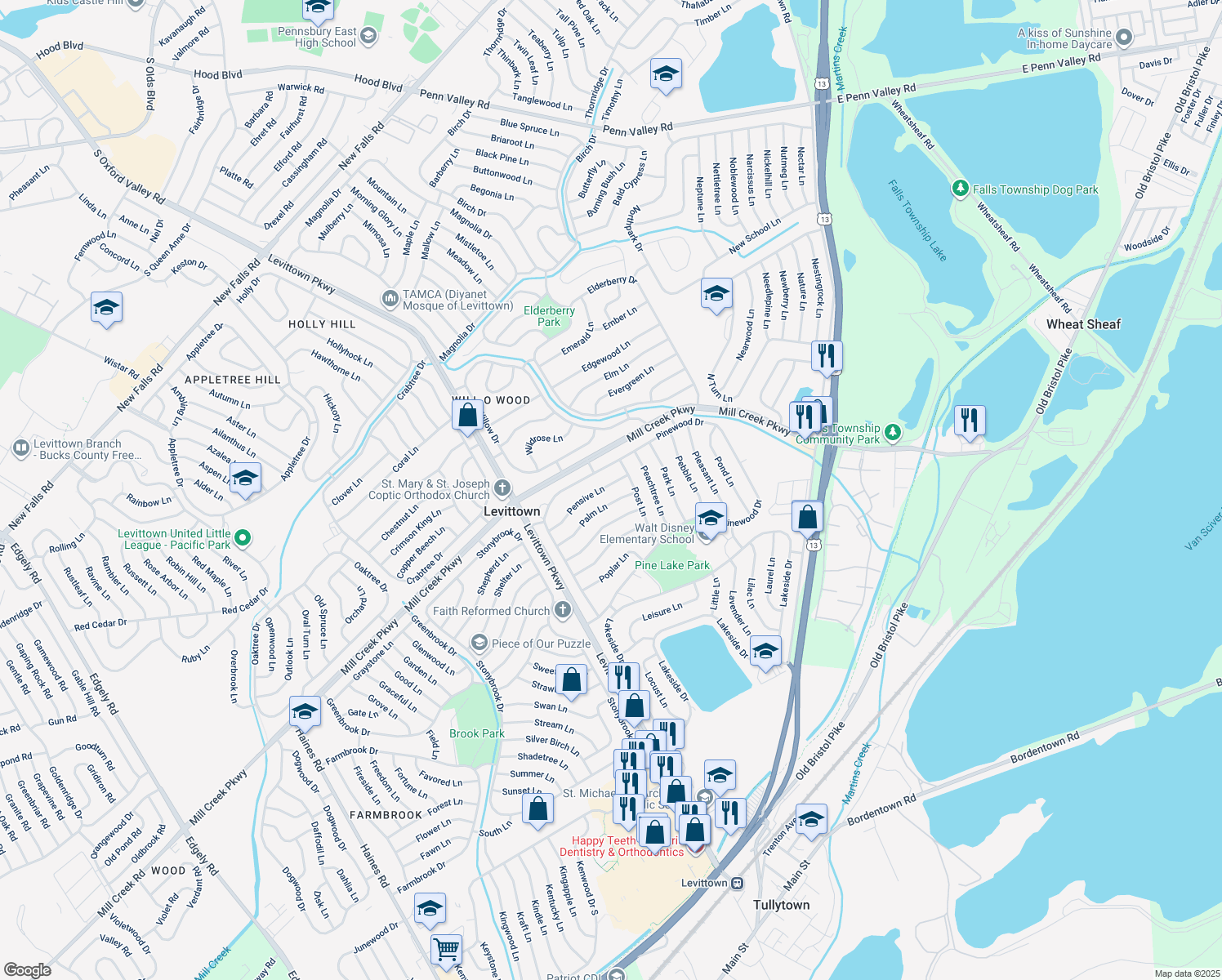 map of restaurants, bars, coffee shops, grocery stores, and more near 56 Pensive Lane in Levittown