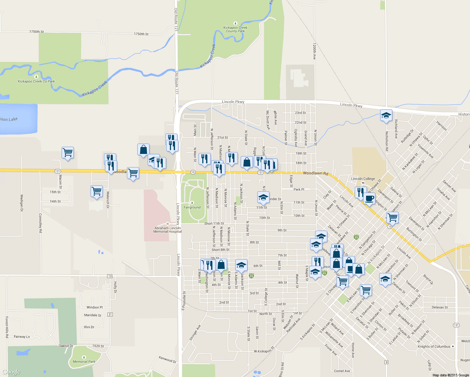 map of restaurants, bars, coffee shops, grocery stores, and more near 800 North Adams Street in Lincoln