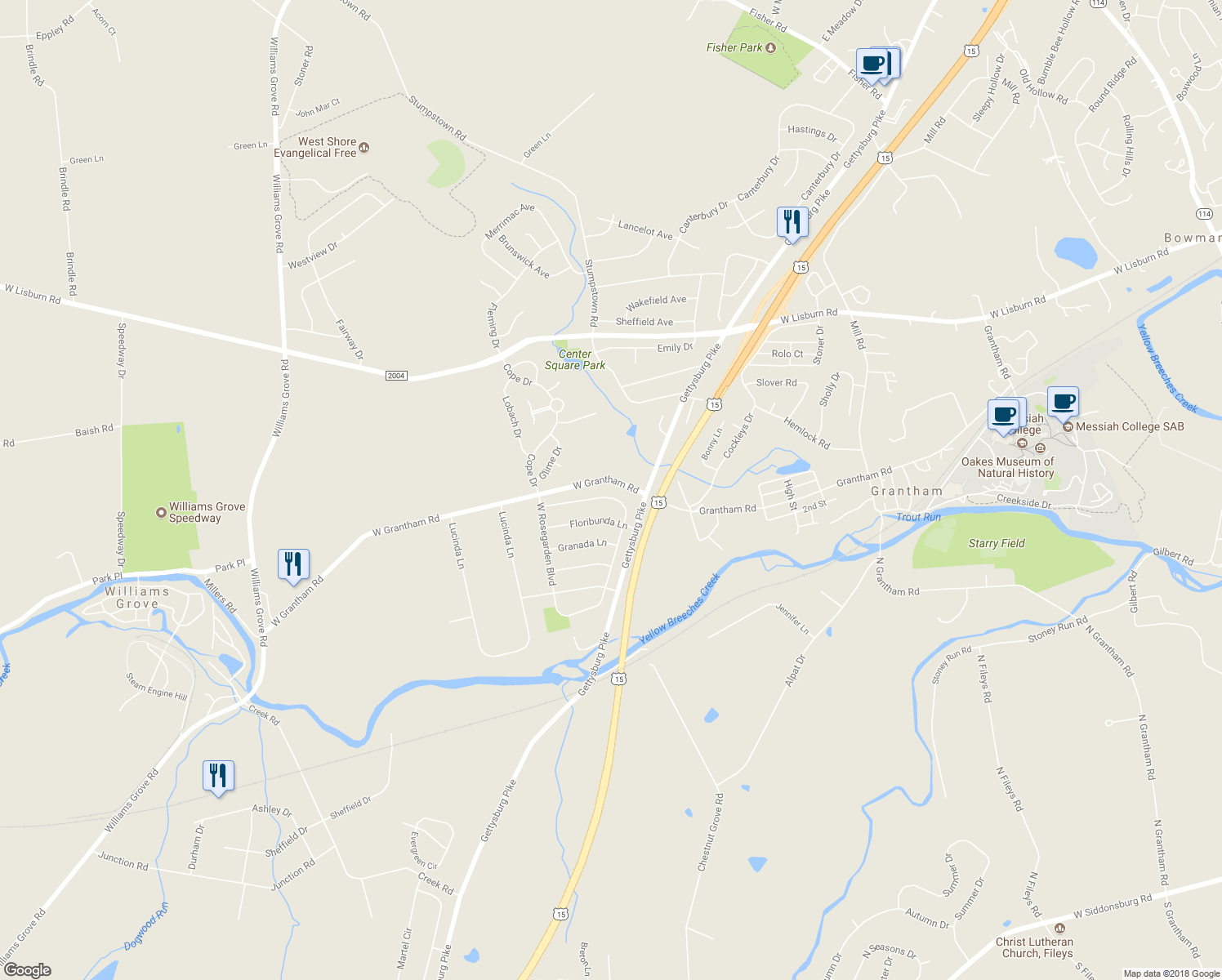 map of restaurants, bars, coffee shops, grocery stores, and more near 2624 North Rosegarden Boulevard in Mechanicsburg