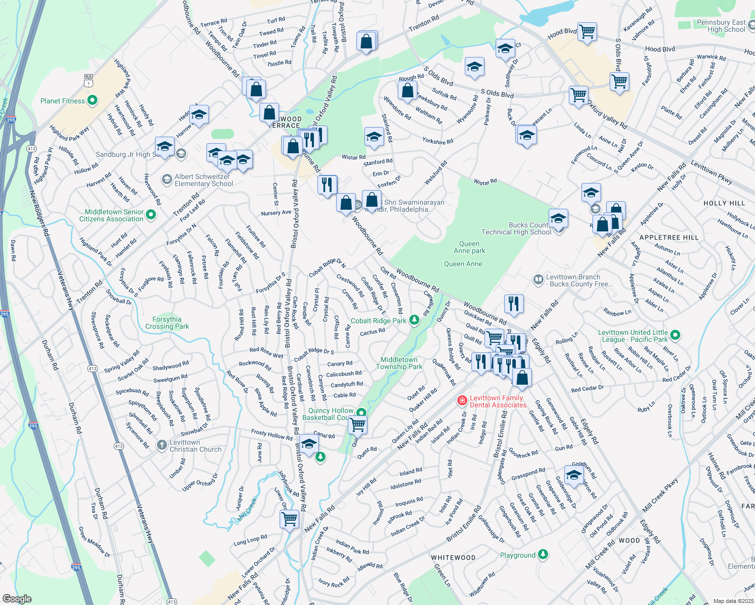 map of restaurants, bars, coffee shops, grocery stores, and more near 54 Cobalt Ridge Drive East in Levittown
