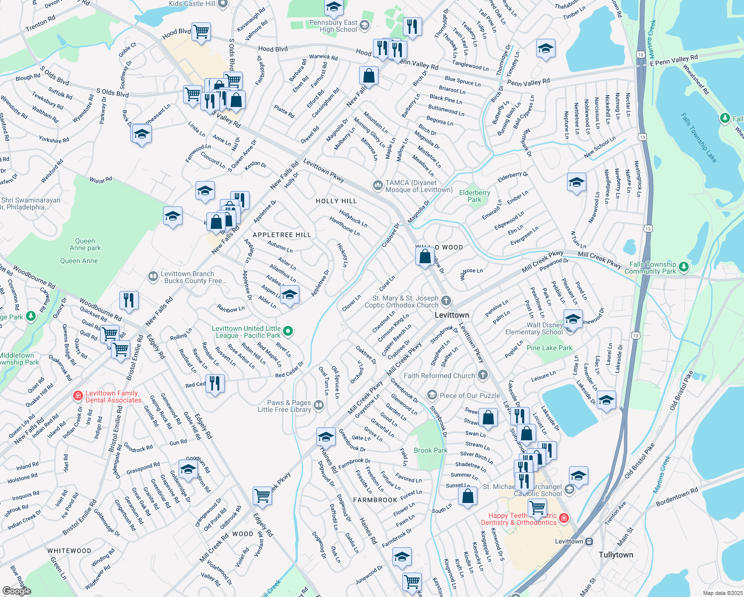 map of restaurants, bars, coffee shops, grocery stores, and more near 18 Coral Lane in Levittown