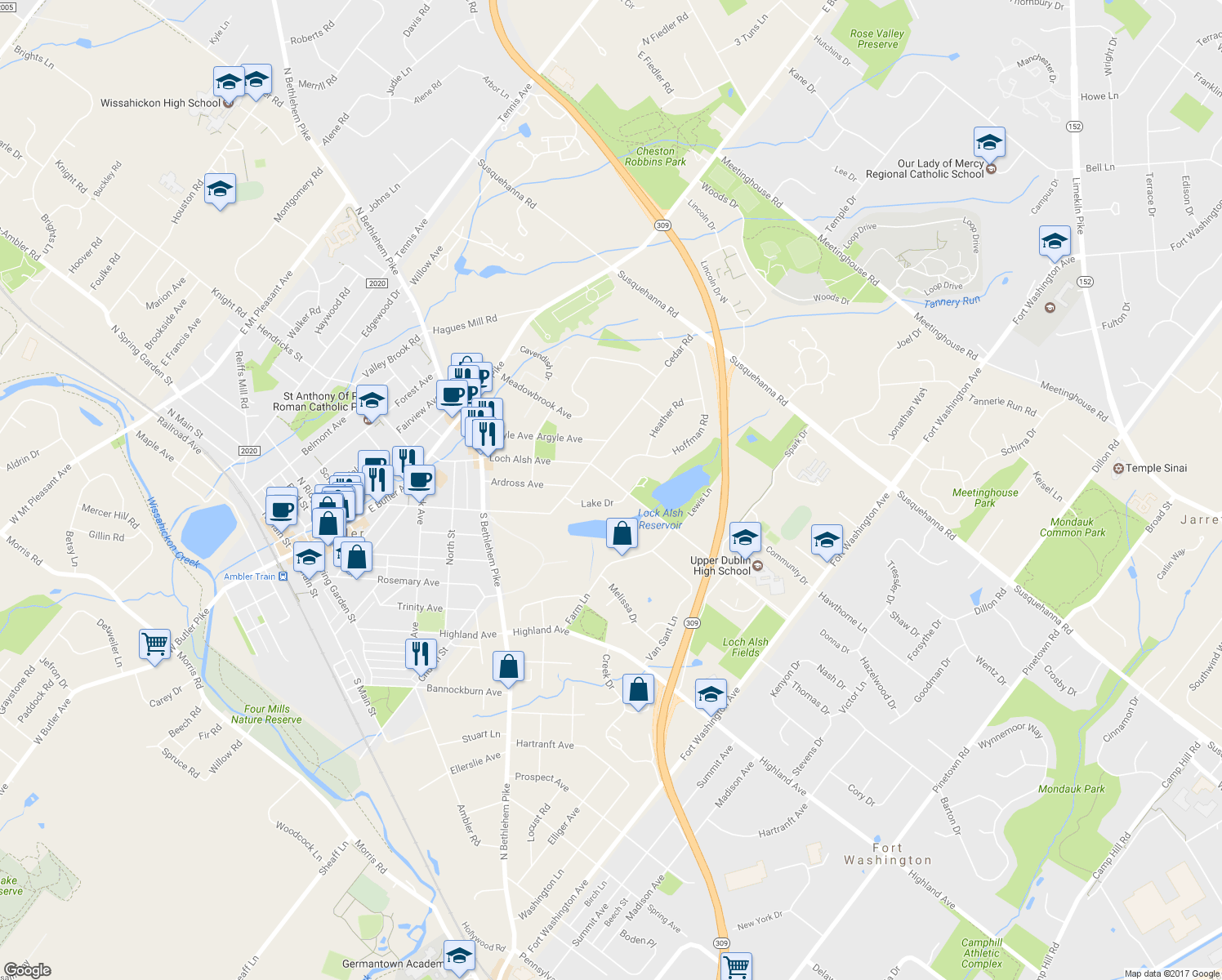 map of restaurants, bars, coffee shops, grocery stores, and more near 713 Loch Alsh Ave in Ambler