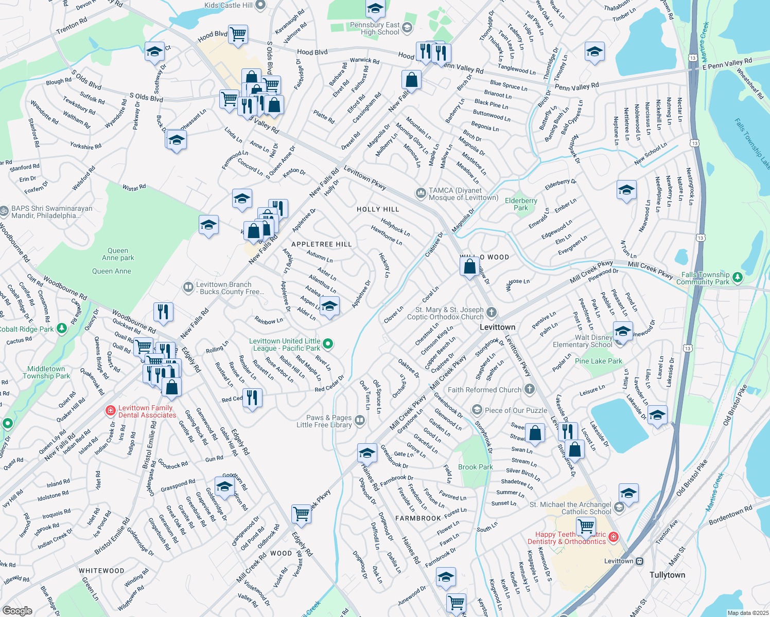 map of restaurants, bars, coffee shops, grocery stores, and more near 294 Crabtree Drive in Levittown