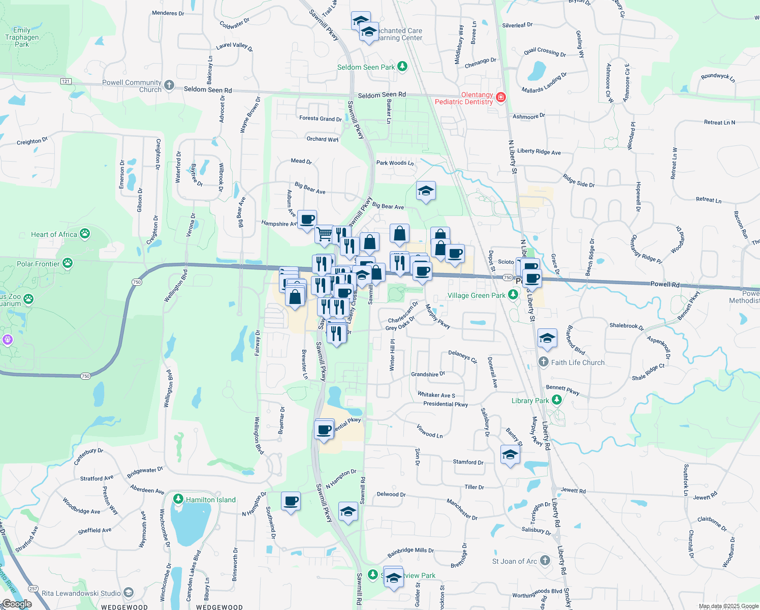 map of restaurants, bars, coffee shops, grocery stores, and more near 432 Charles Spring Drive in Powell