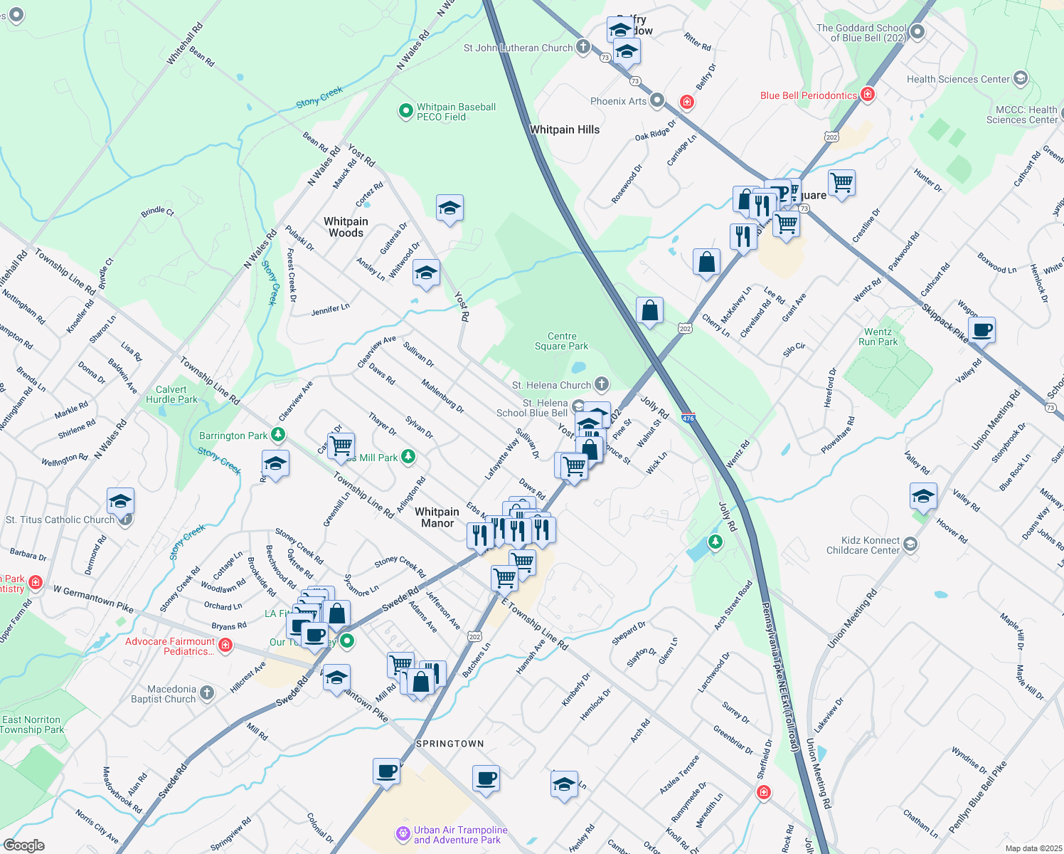map of restaurants, bars, coffee shops, grocery stores, and more near 1518 Lafayette Way in Blue Bell