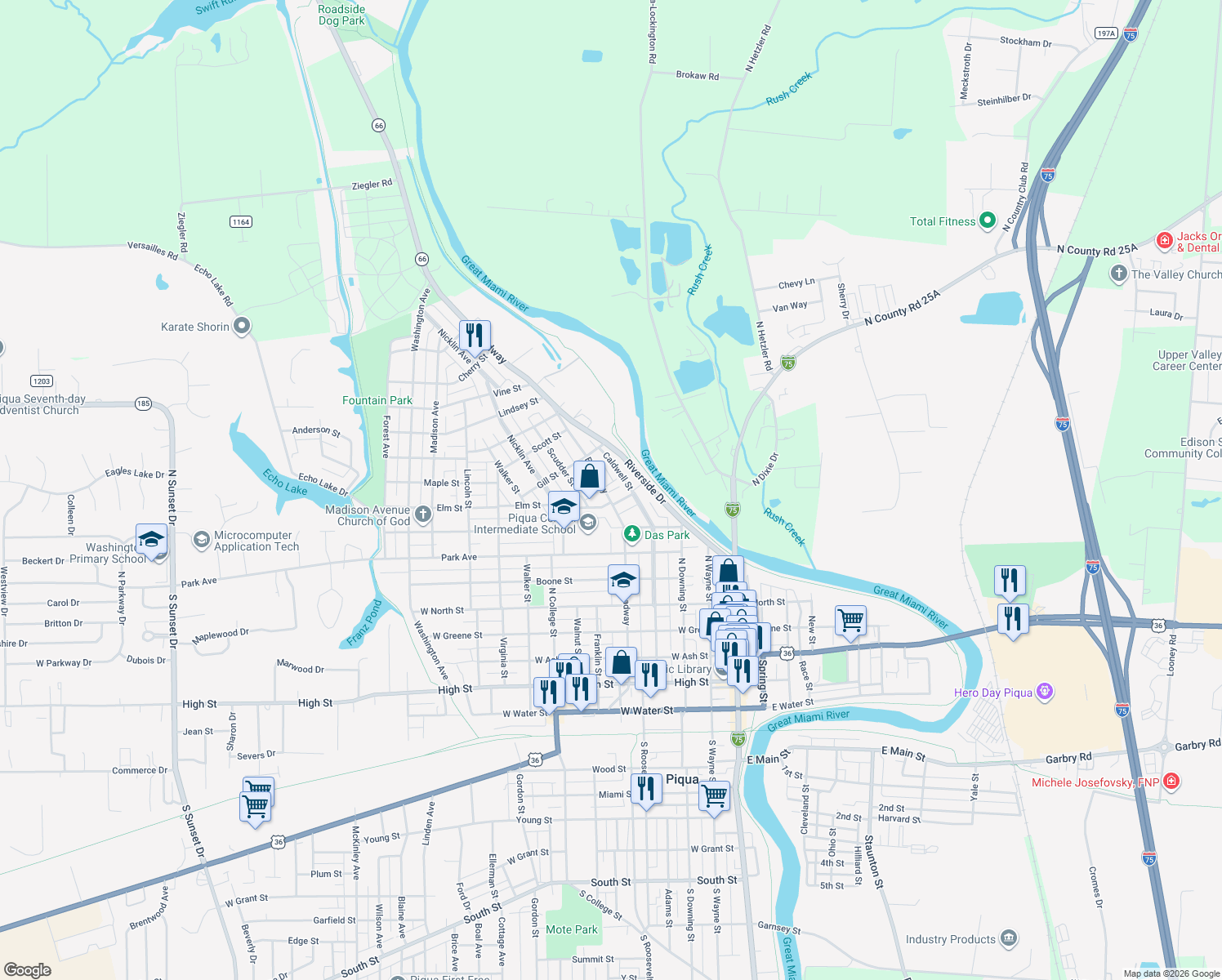 map of restaurants, bars, coffee shops, grocery stores, and more near 1011 Broadway Street in Piqua