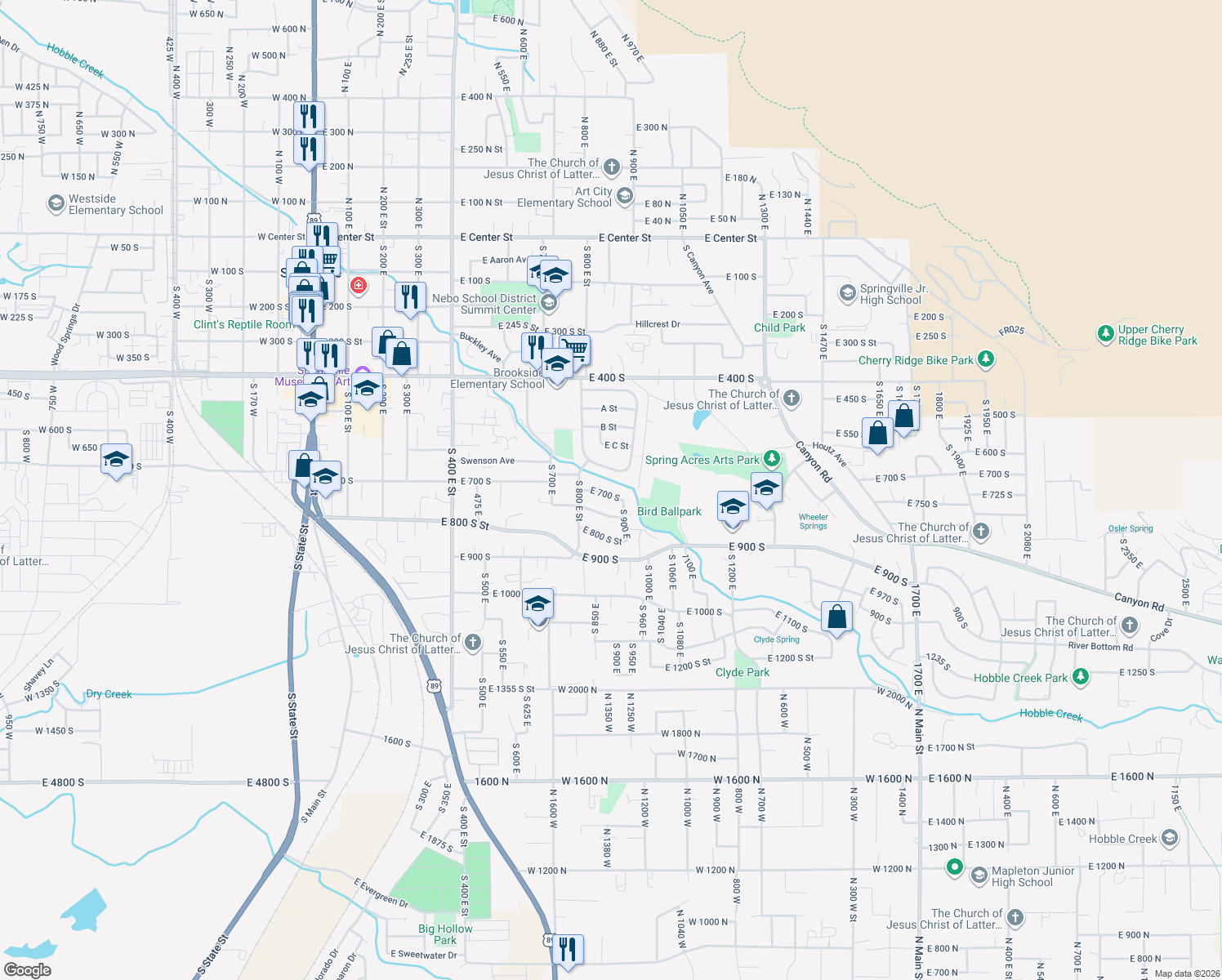 map of restaurants, bars, coffee shops, grocery stores, and more near 883 East 700 South in Springville