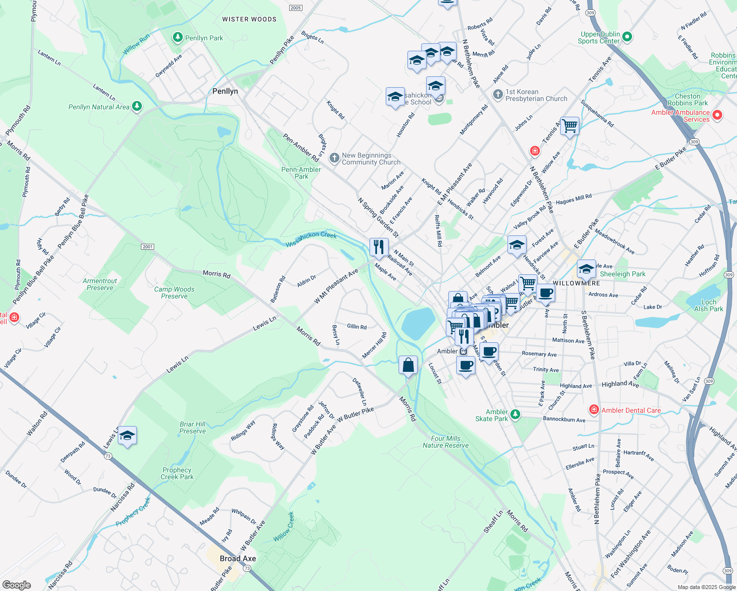 map of restaurants, bars, coffee shops, grocery stores, and more near 49 Betsy Lane in Ambler