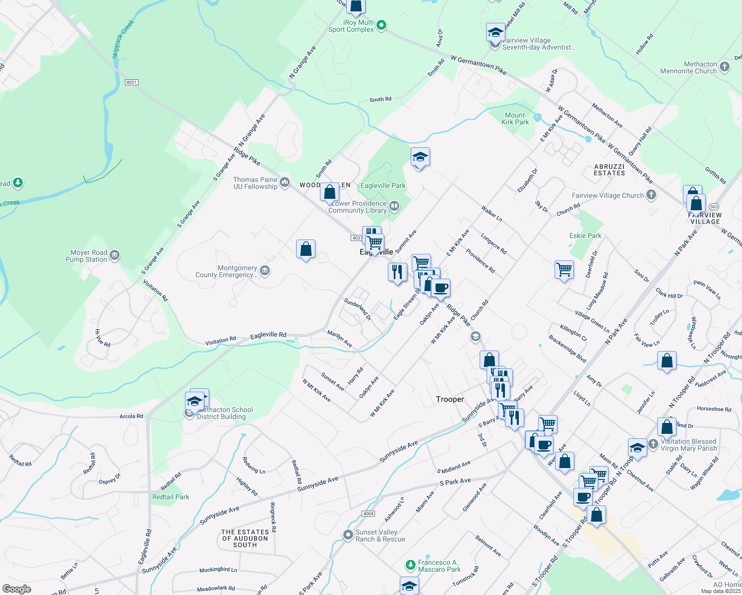 map of restaurants, bars, coffee shops, grocery stores, and more near 4055 Cardin Place in Eagleville