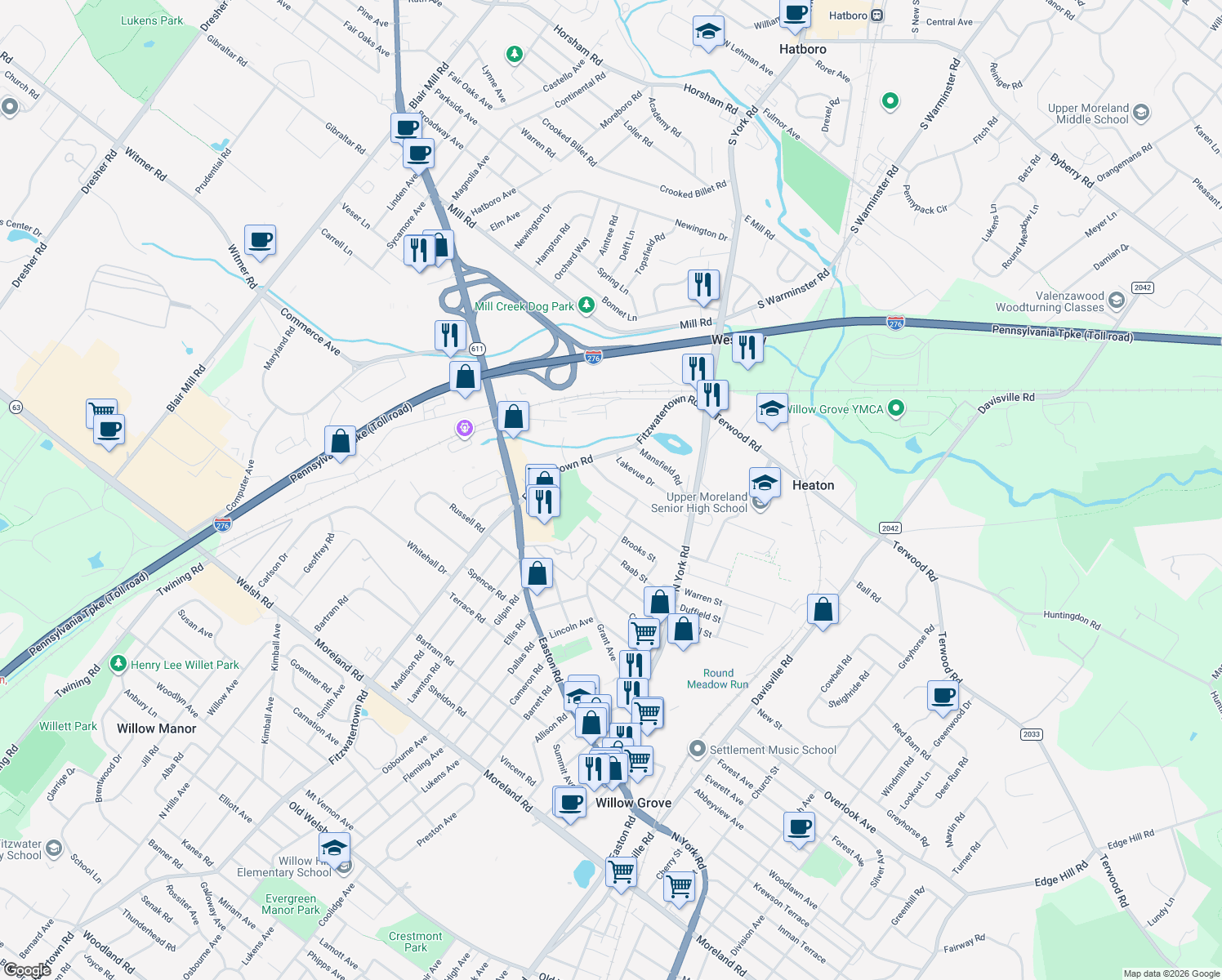 map of restaurants, bars, coffee shops, grocery stores, and more near 622 Beechwood Rd in Willow Grove