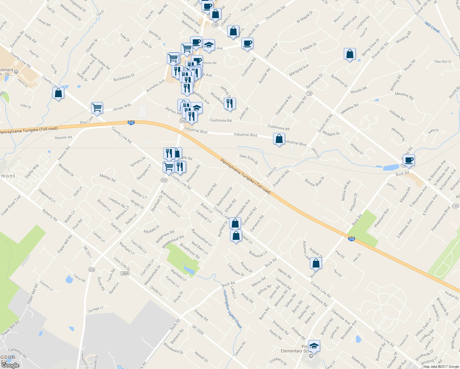 map of restaurants, bars, coffee shops, grocery stores, and more near 104 Beechwood Drive in Bucks County