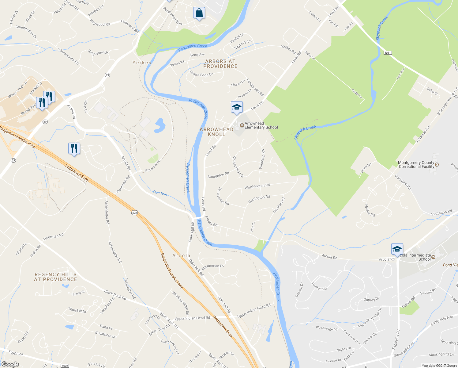 map of restaurants, bars, coffee shops, grocery stores, and more near 81 Dorchester Road in Collegeville