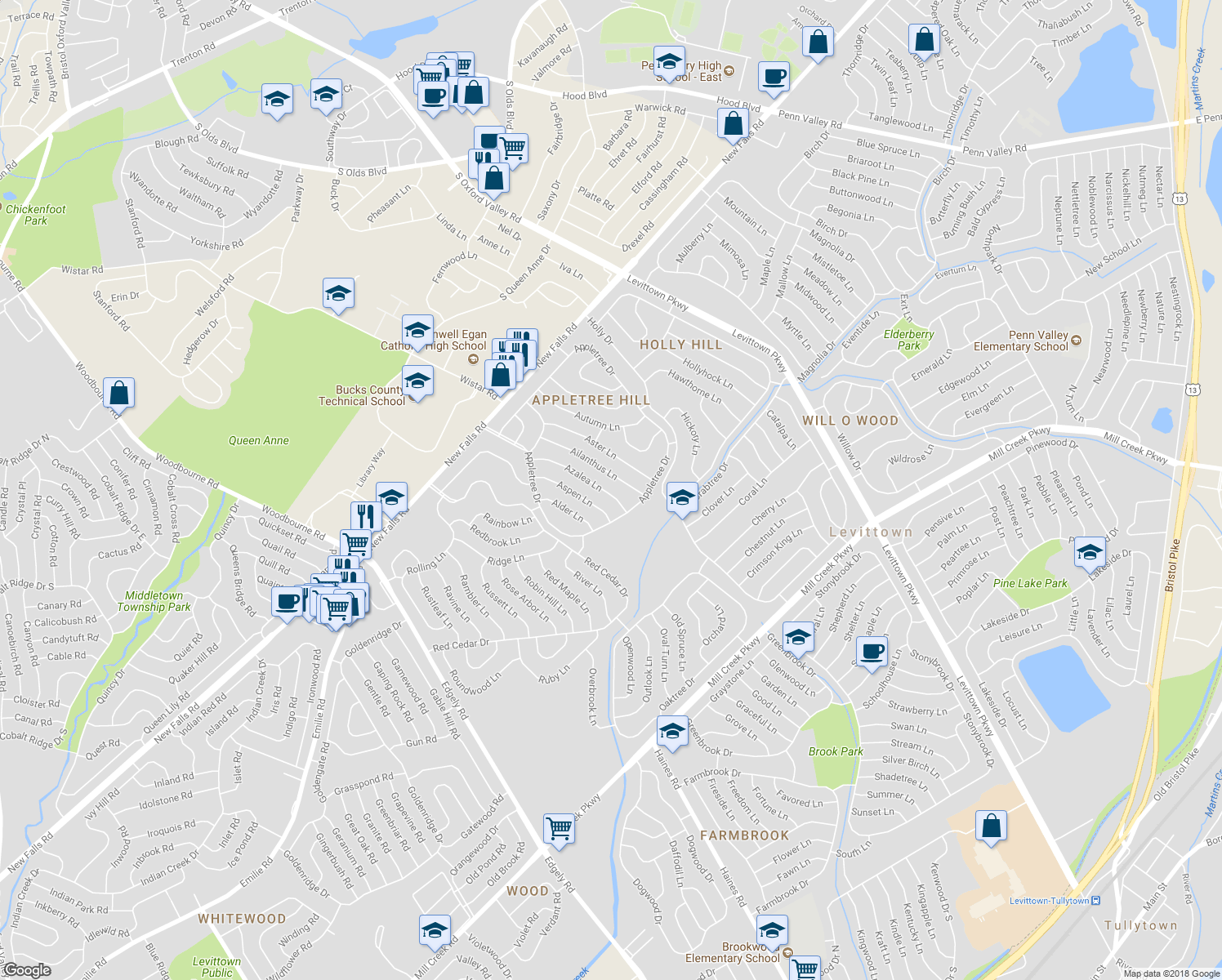 map of restaurants, bars, coffee shops, grocery stores, and more near 18 Azalea Lane in Levittown