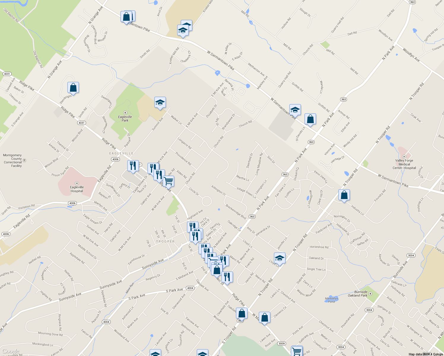 map of restaurants, bars, coffee shops, grocery stores, and more near 3005 Walker Lane in Eagleville