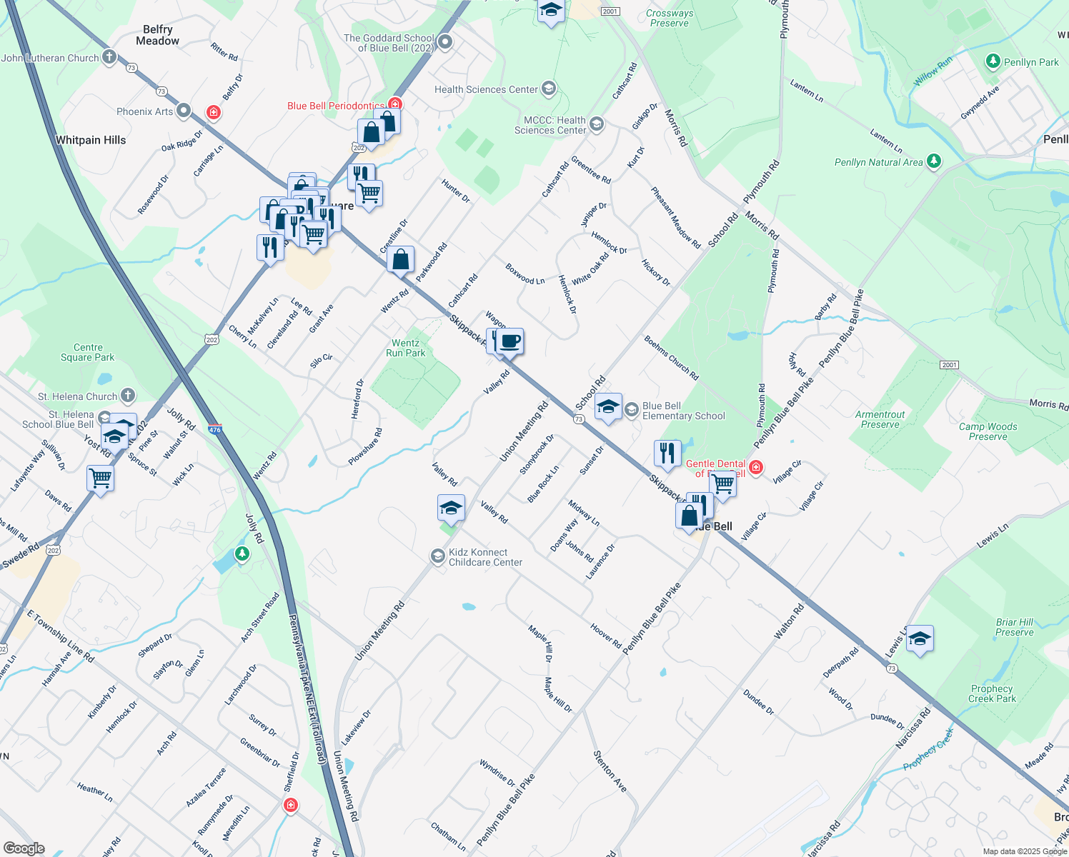 map of restaurants, bars, coffee shops, grocery stores, and more near 950 Union Meeting Road in Blue Bell