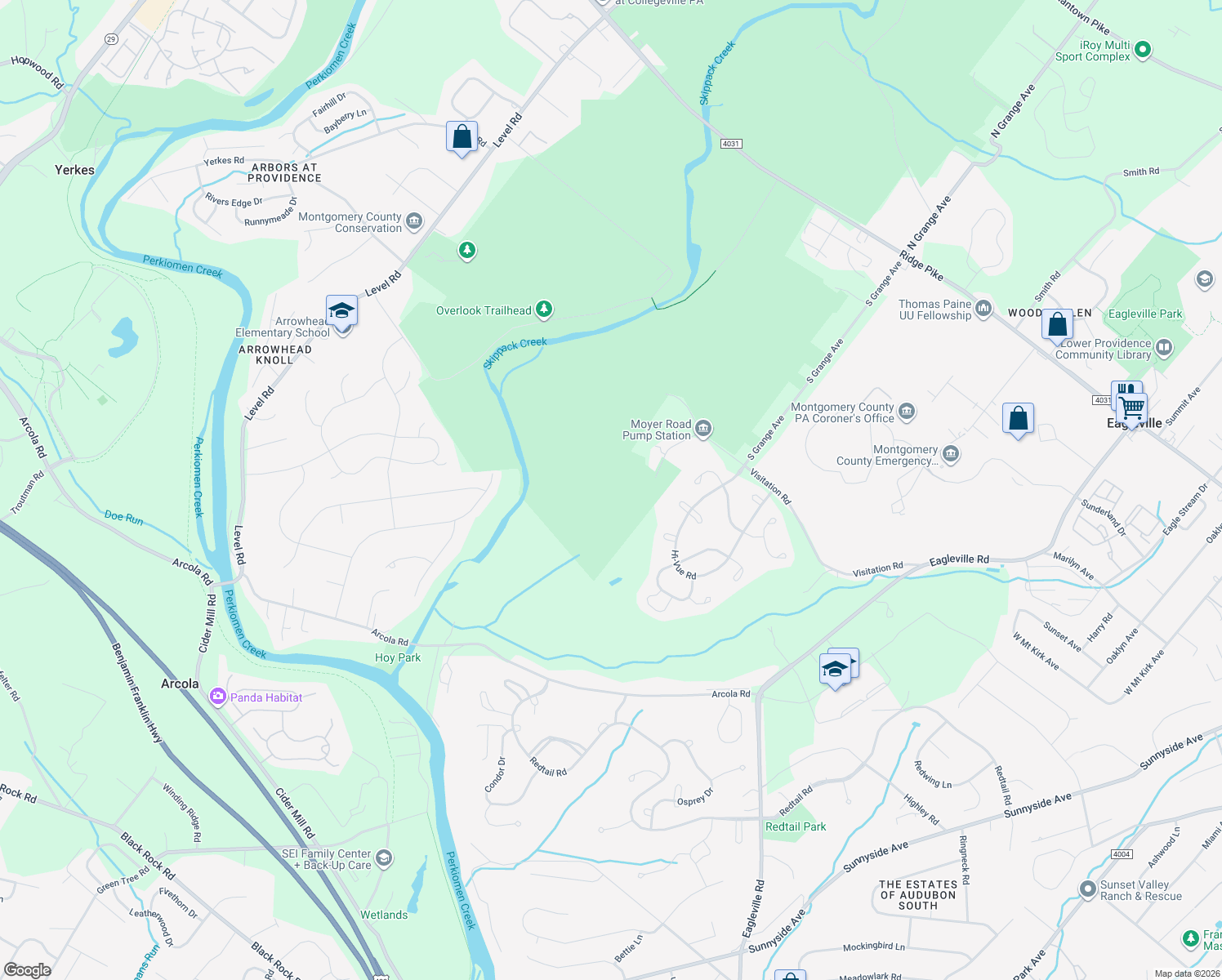 map of restaurants, bars, coffee shops, grocery stores, and more near 20 Moyer Road in Collegeville
