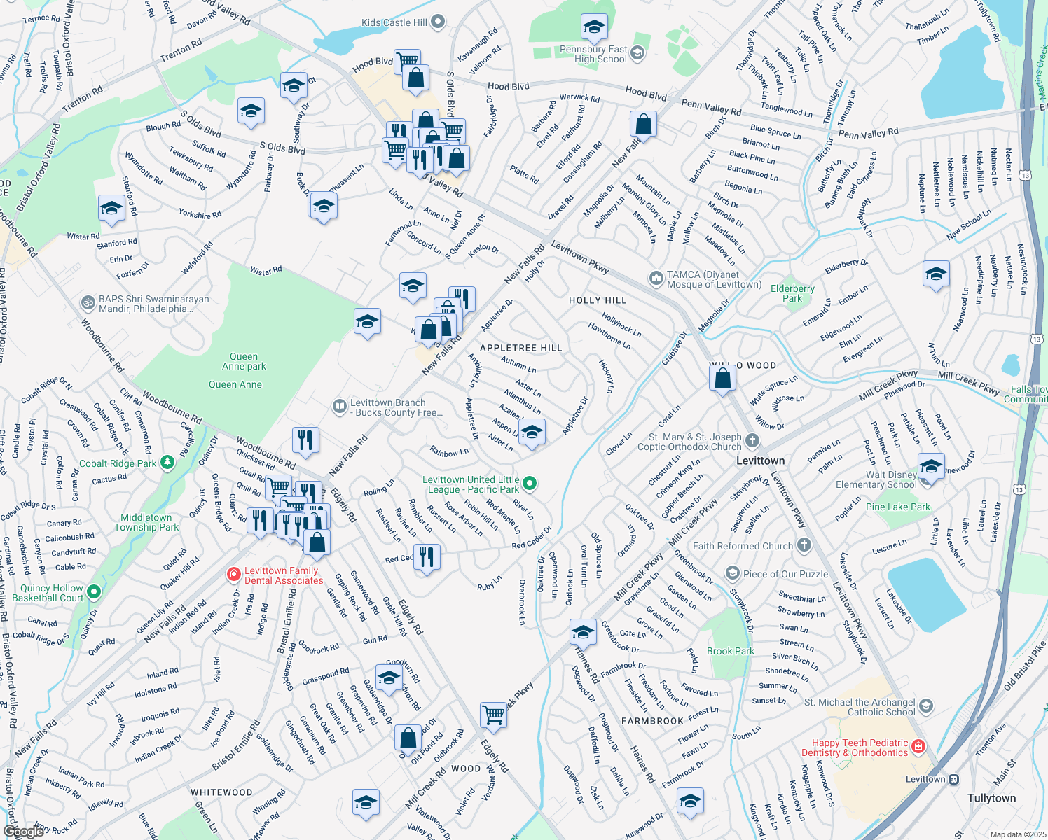 map of restaurants, bars, coffee shops, grocery stores, and more near 29 Azalea Lane in Levittown