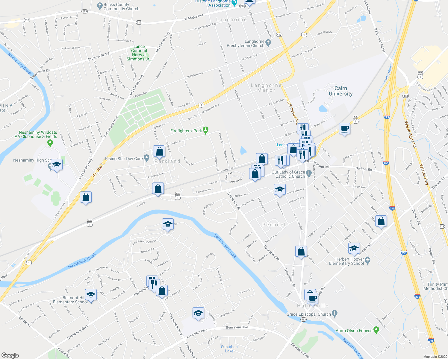 map of restaurants, bars, coffee shops, grocery stores, and more near 733 Sparrow Lane in Langhorne