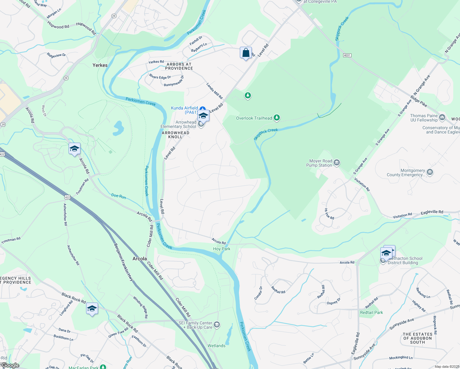 map of restaurants, bars, coffee shops, grocery stores, and more near 3641 Worthington Rd in Collegeville