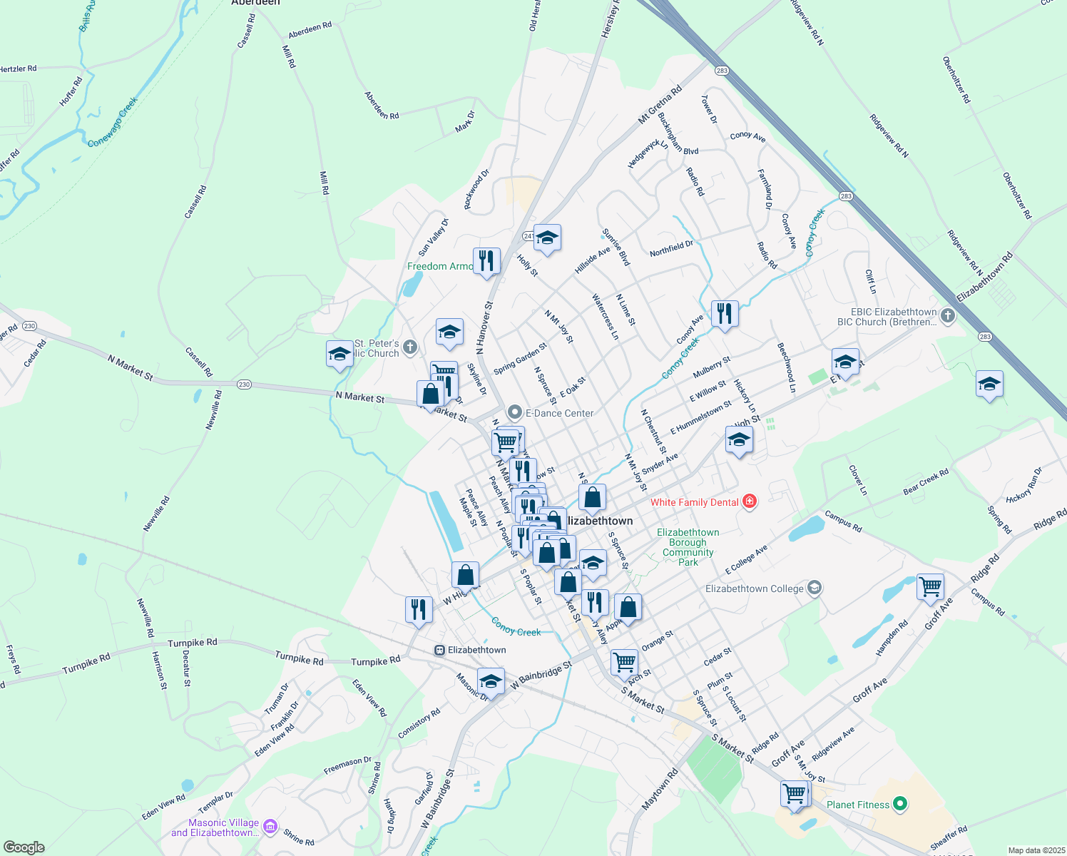 map of restaurants, bars, coffee shops, grocery stores, and more near 324 Highlawn Avenue in Elizabethtown