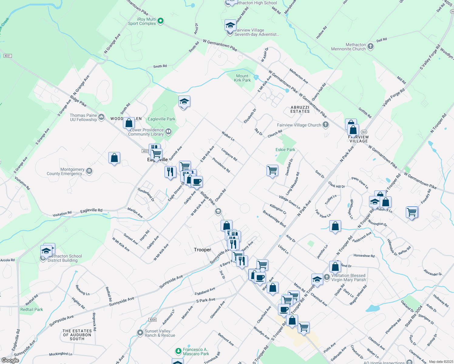 map of restaurants, bars, coffee shops, grocery stores, and more near 103 Church Rd in Eagleville