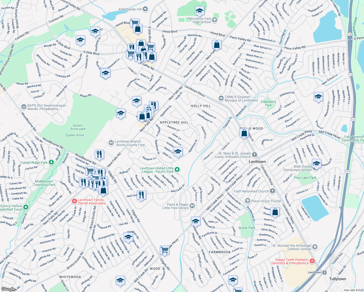 map of restaurants, bars, coffee shops, grocery stores, and more near 23 Ailanthus Lane in Levittown