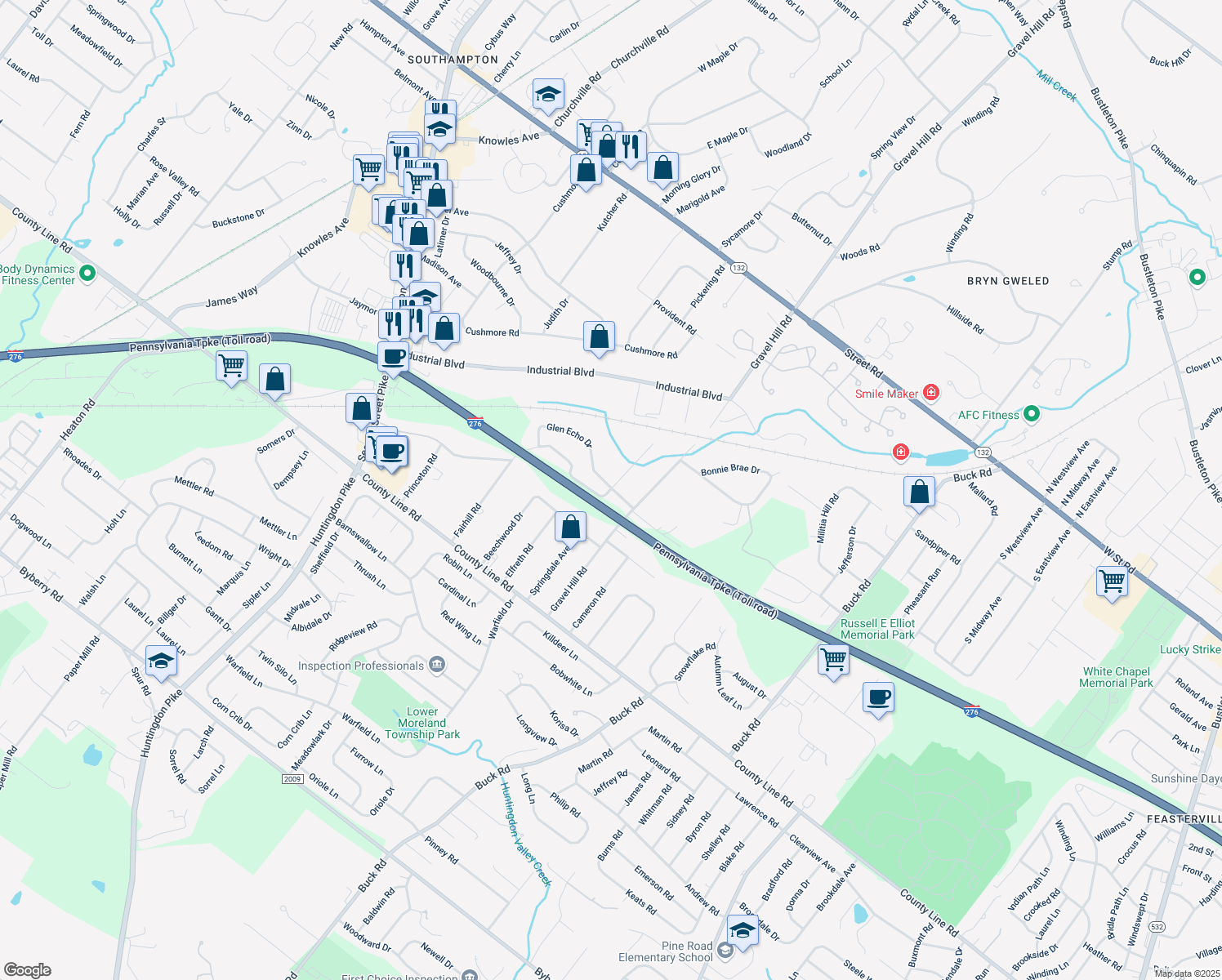 map of restaurants, bars, coffee shops, grocery stores, and more near 1480 Glen Echo Drive in Bucks County