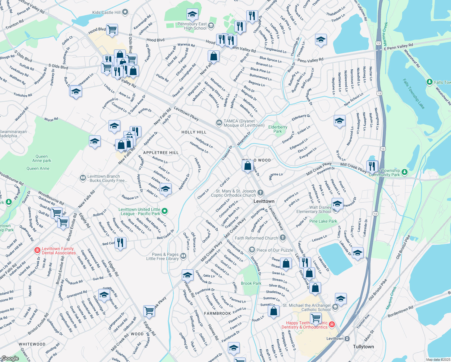 map of restaurants, bars, coffee shops, grocery stores, and more near 36 Coral Ln in Levittown