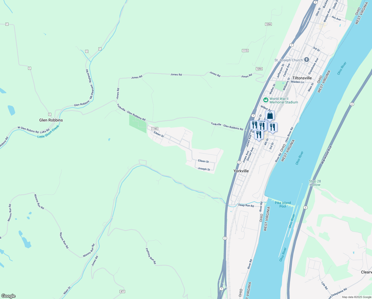 map of restaurants, bars, coffee shops, grocery stores, and more near 67 Jefferson Street in Rayland