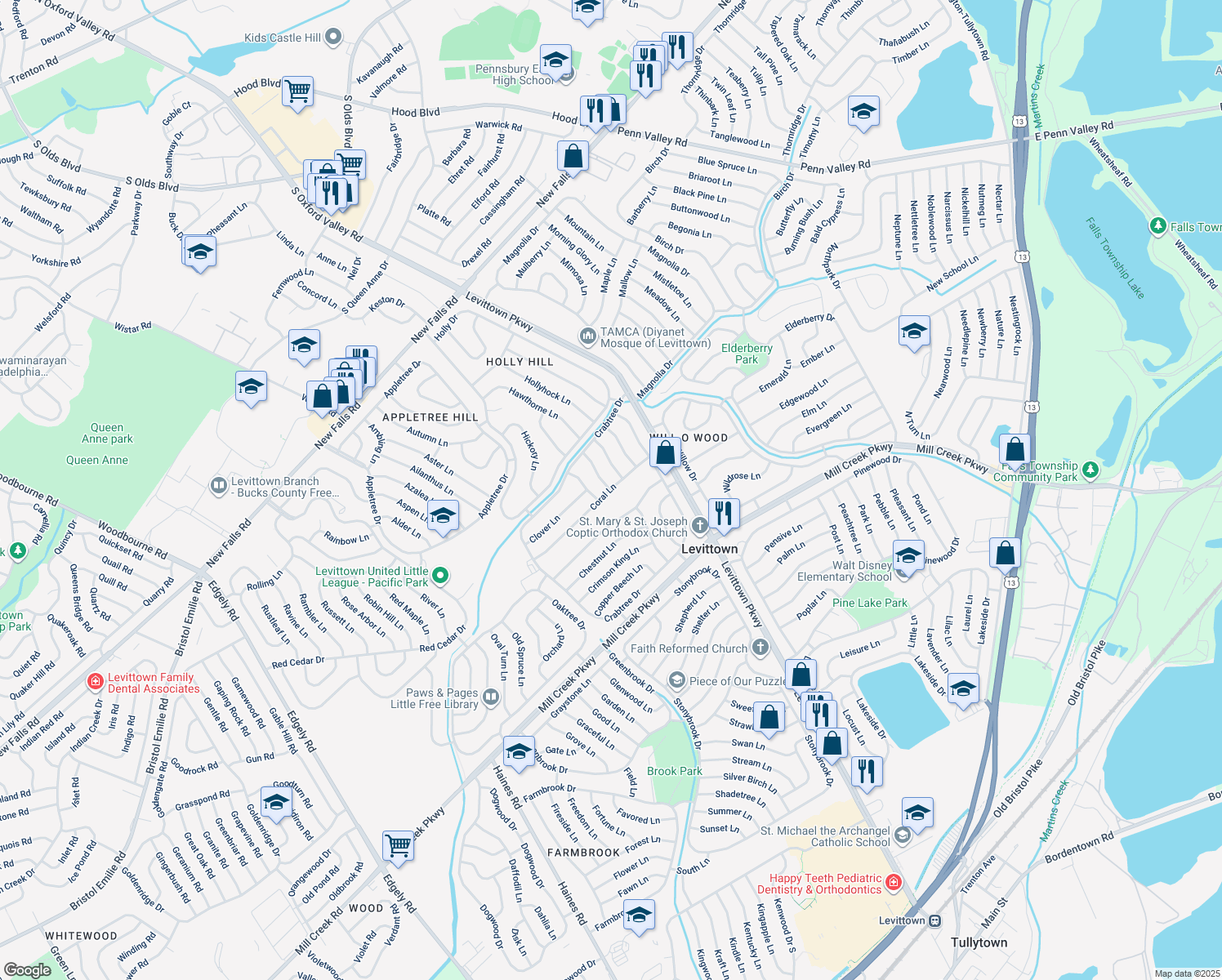 map of restaurants, bars, coffee shops, grocery stores, and more near 46 Coral Lane in Levittown