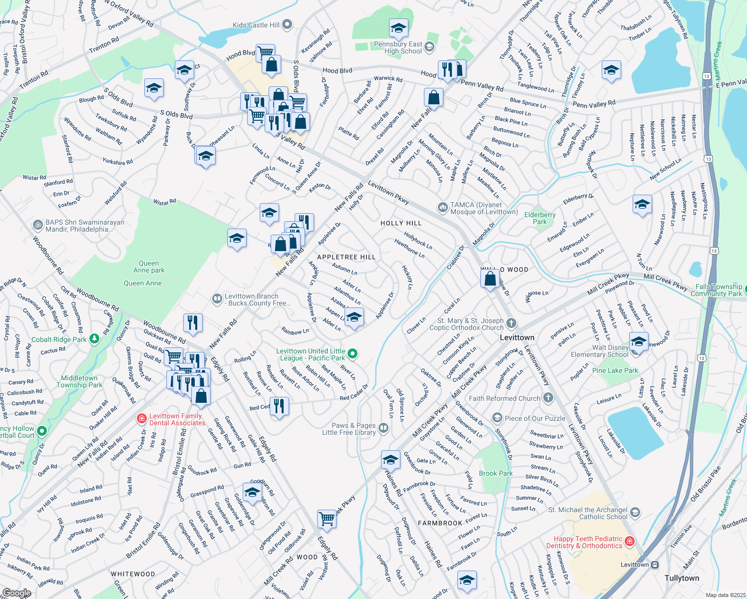 map of restaurants, bars, coffee shops, grocery stores, and more near 16 Aster Lane in Levittown