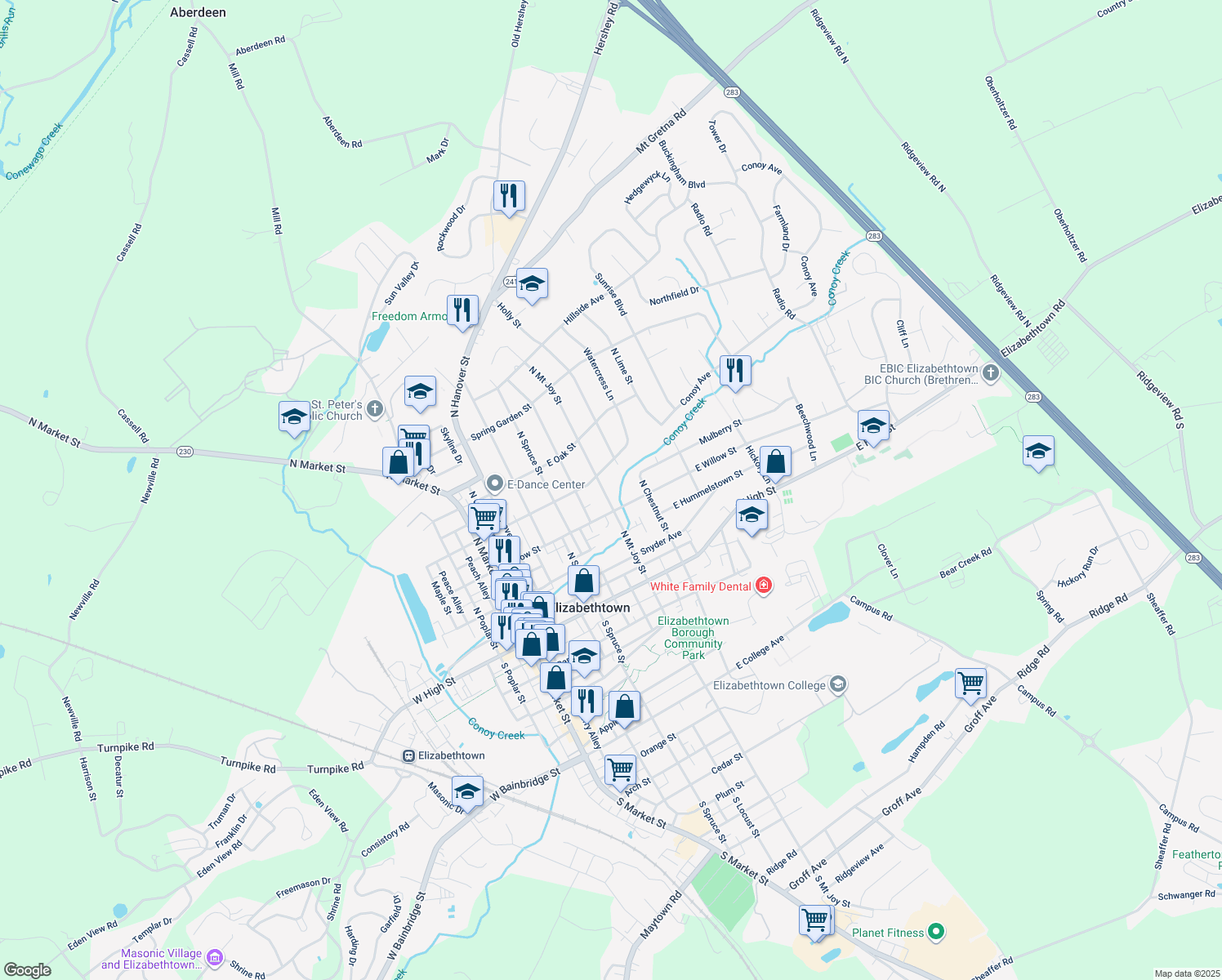 map of restaurants, bars, coffee shops, grocery stores, and more near 225 North Mount Joy Street in Elizabethtown