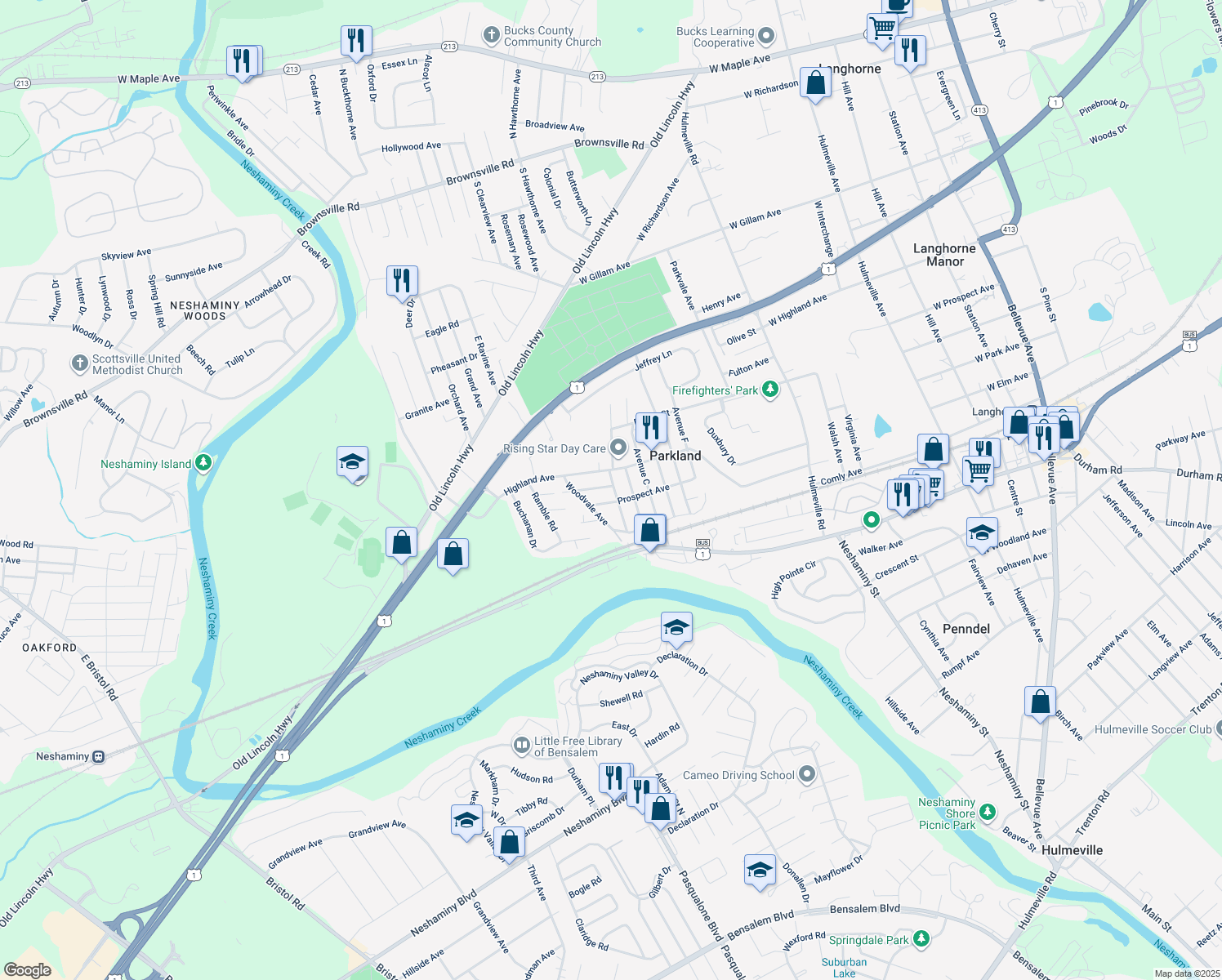 map of restaurants, bars, coffee shops, grocery stores, and more near 938 Avenue A in Langhorne
