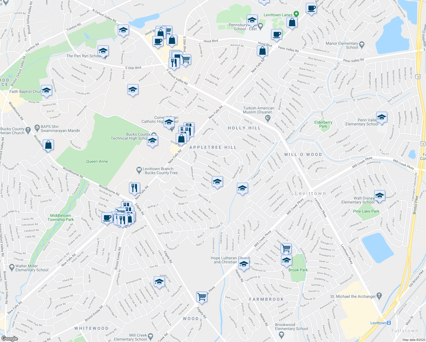 map of restaurants, bars, coffee shops, grocery stores, and more near 43 Ailanthus Lane in Levittown