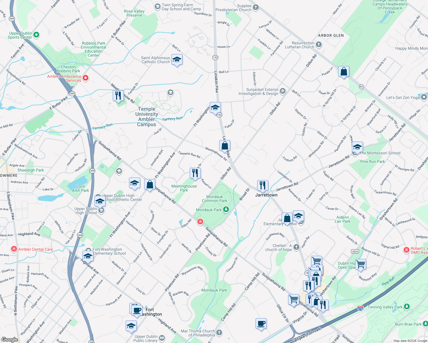 map of restaurants, bars, coffee shops, grocery stores, and more near 1472 Dillon Road in Ambler