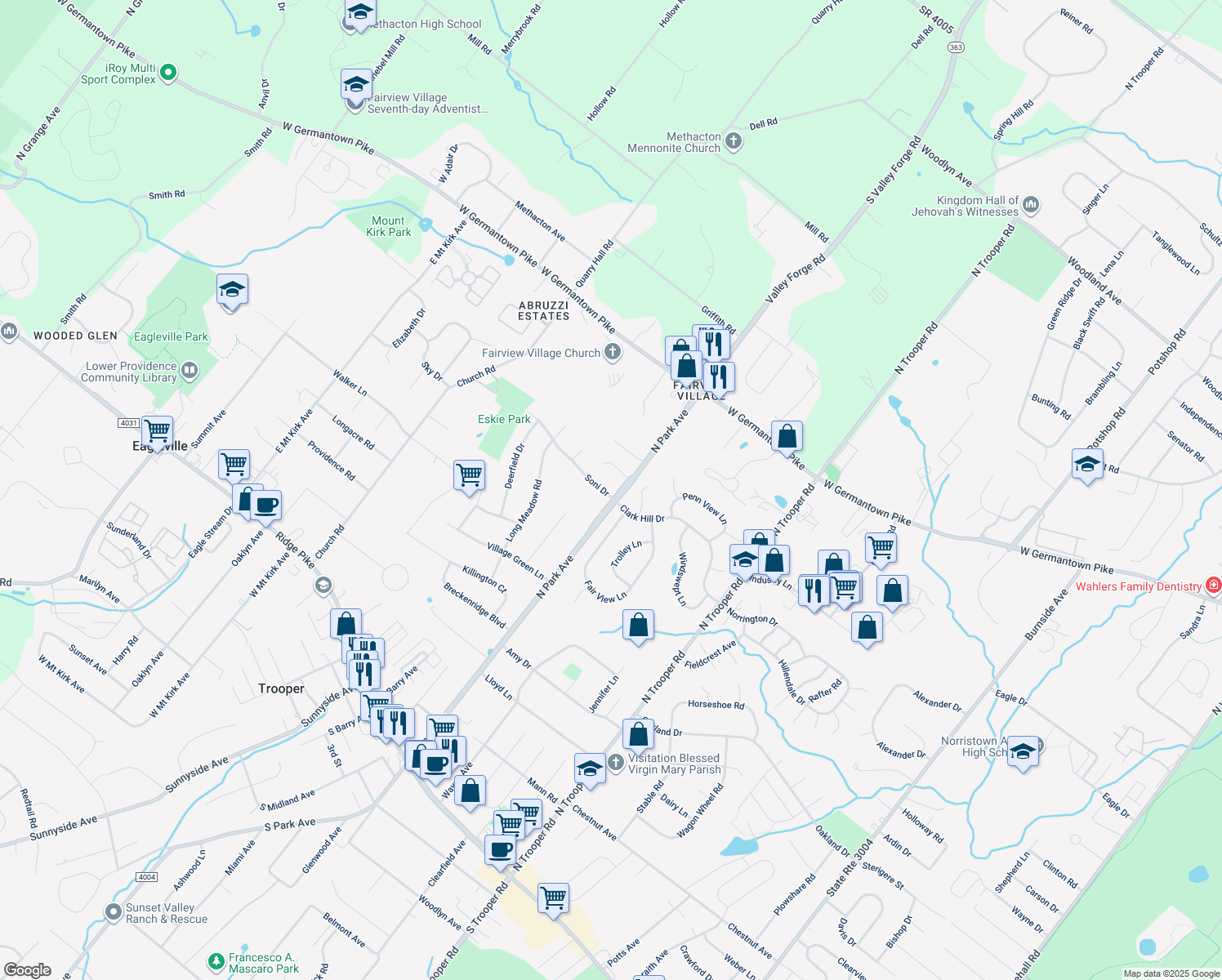 map of restaurants, bars, coffee shops, grocery stores, and more near 2801 Soni Drive in Eagleville