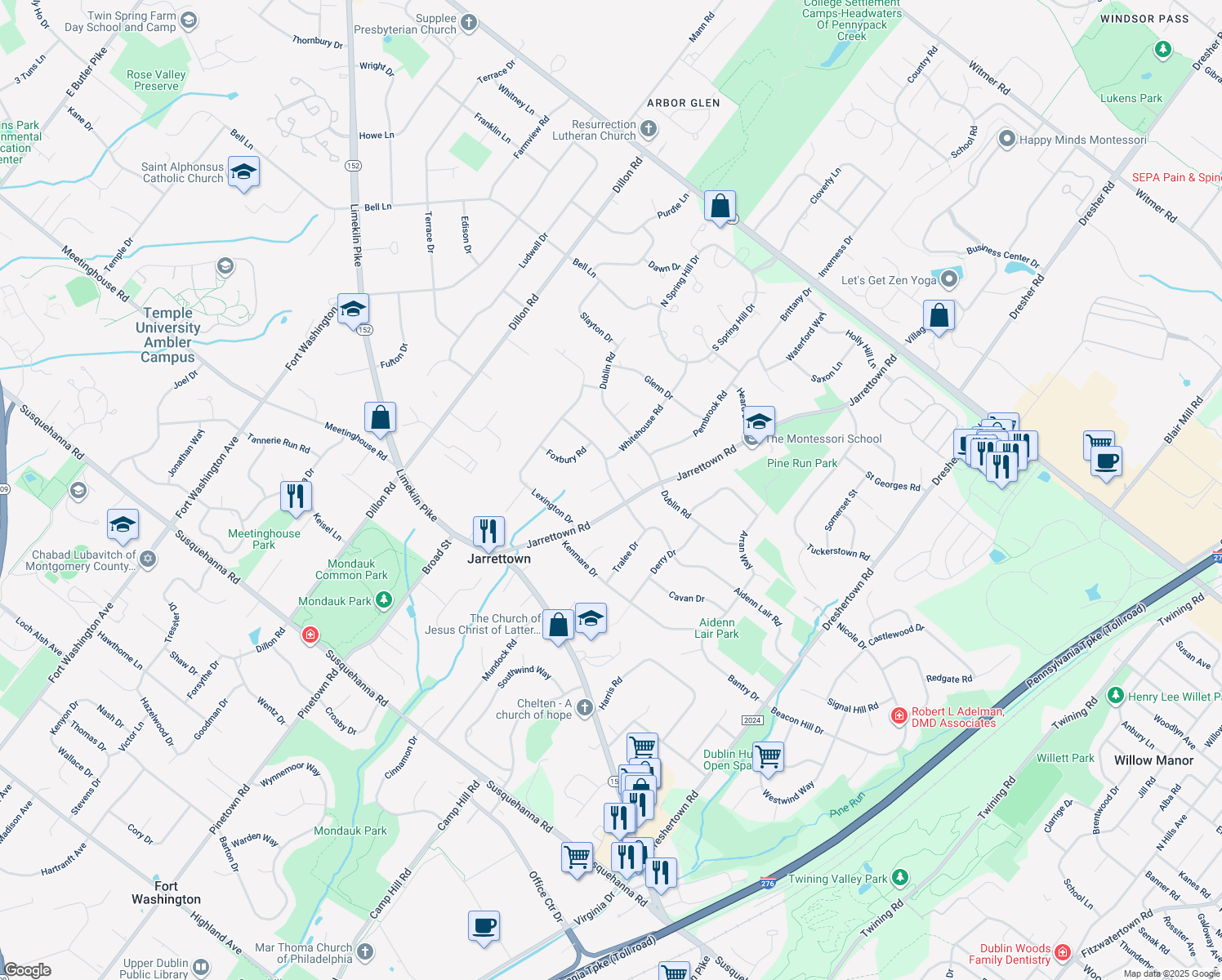 map of restaurants, bars, coffee shops, grocery stores, and more near 1535 Aidenn Lair Road in Maple Glen